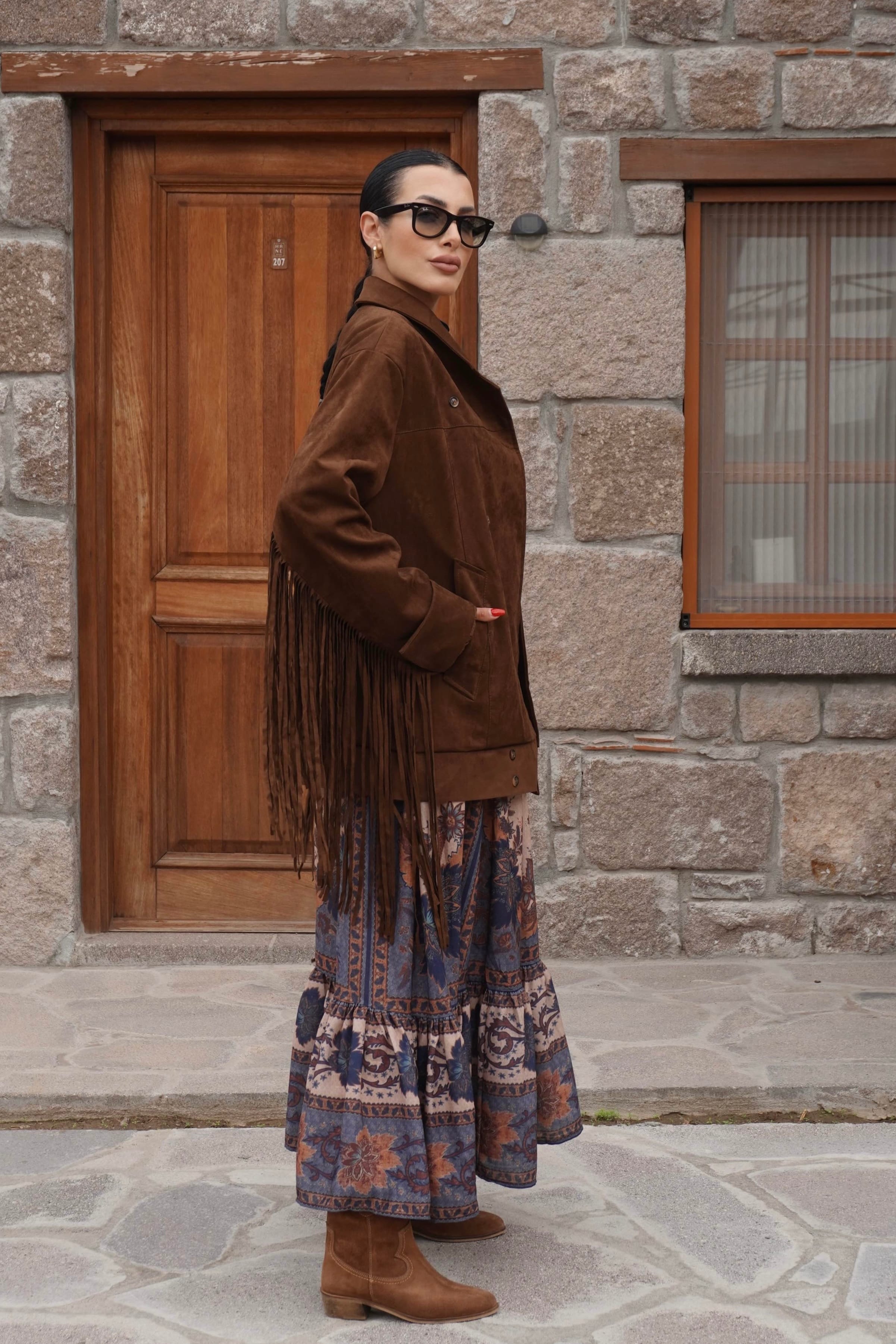 İthal Tasarım Premium Oversize Süet Dokulu Püsküllü Ceket