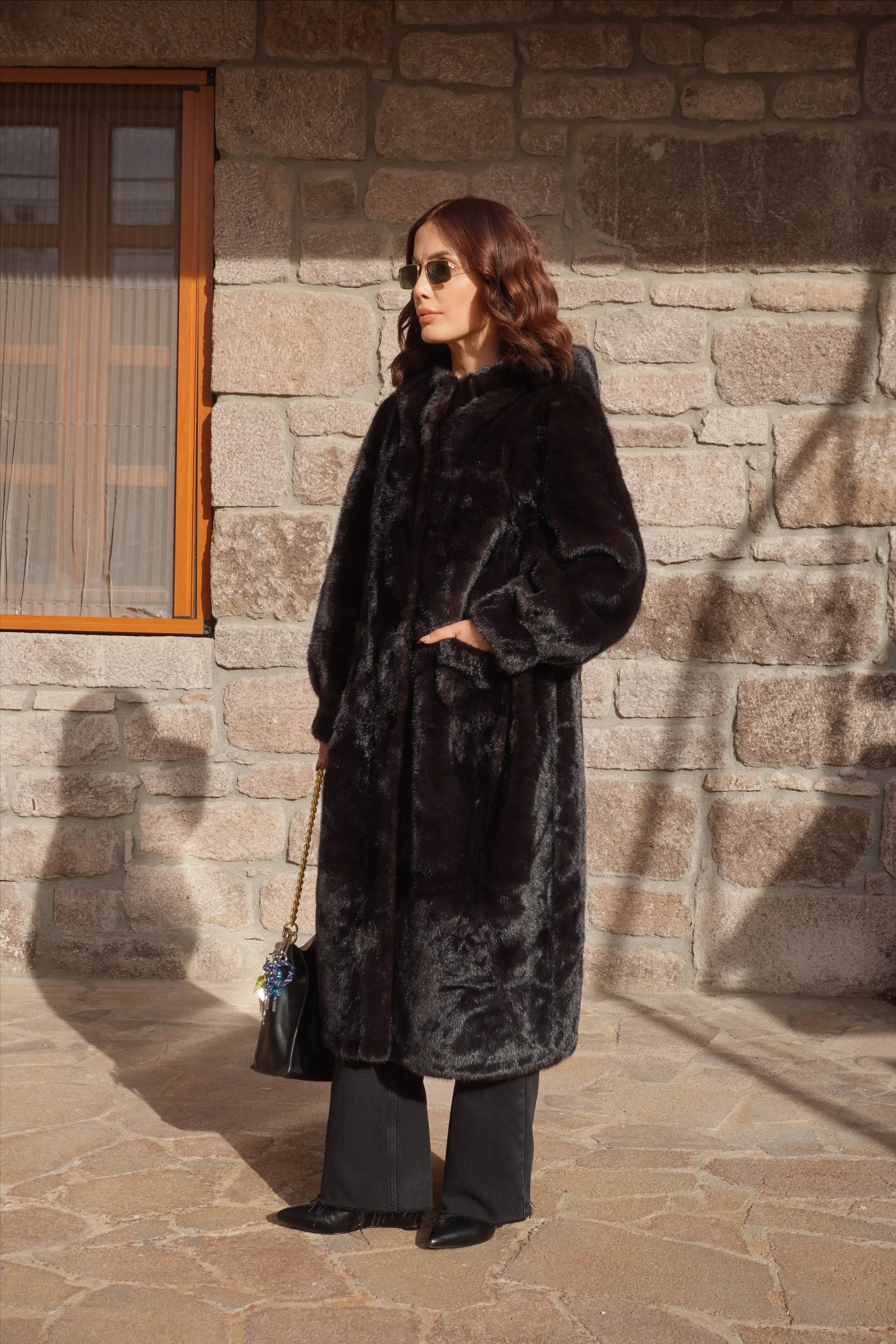 İthal Premium Vintage Görünümlü Kapüşonlu Acı Kahve Lüx Kürk Mont