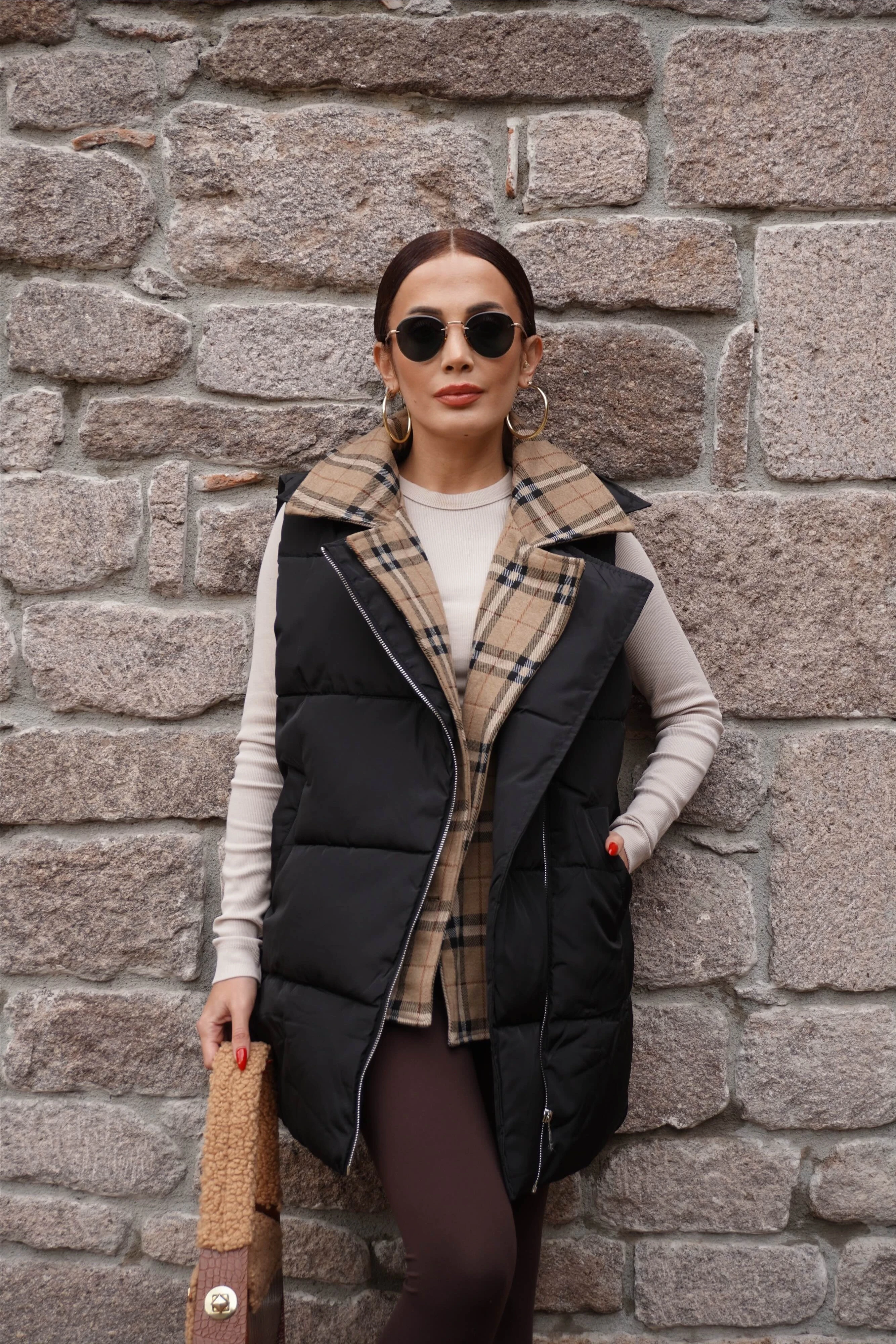 İthal Tasarım Ekose Desenli Yelek 