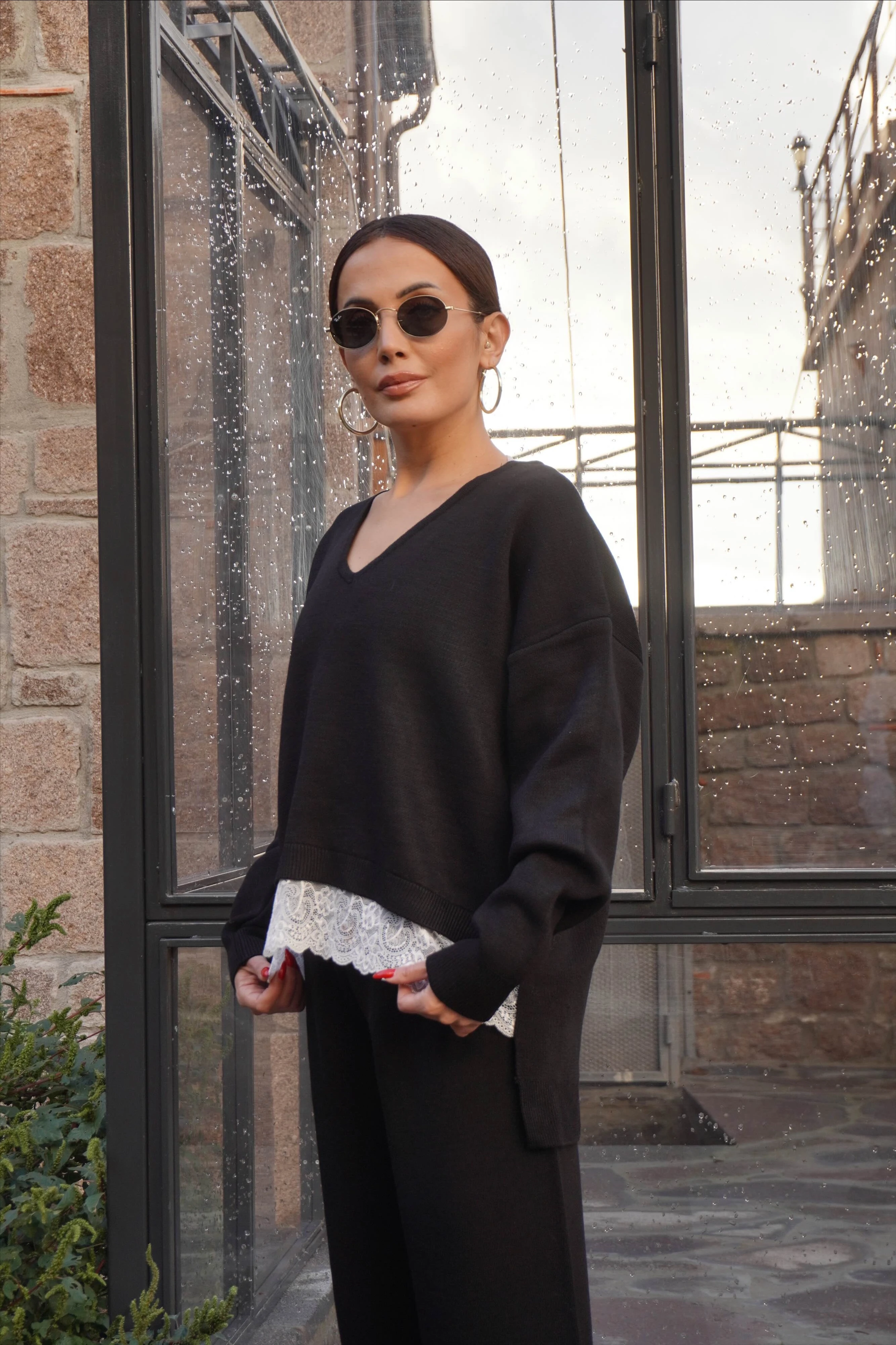 Dantel Detaylı Triko Kazak Pantolon