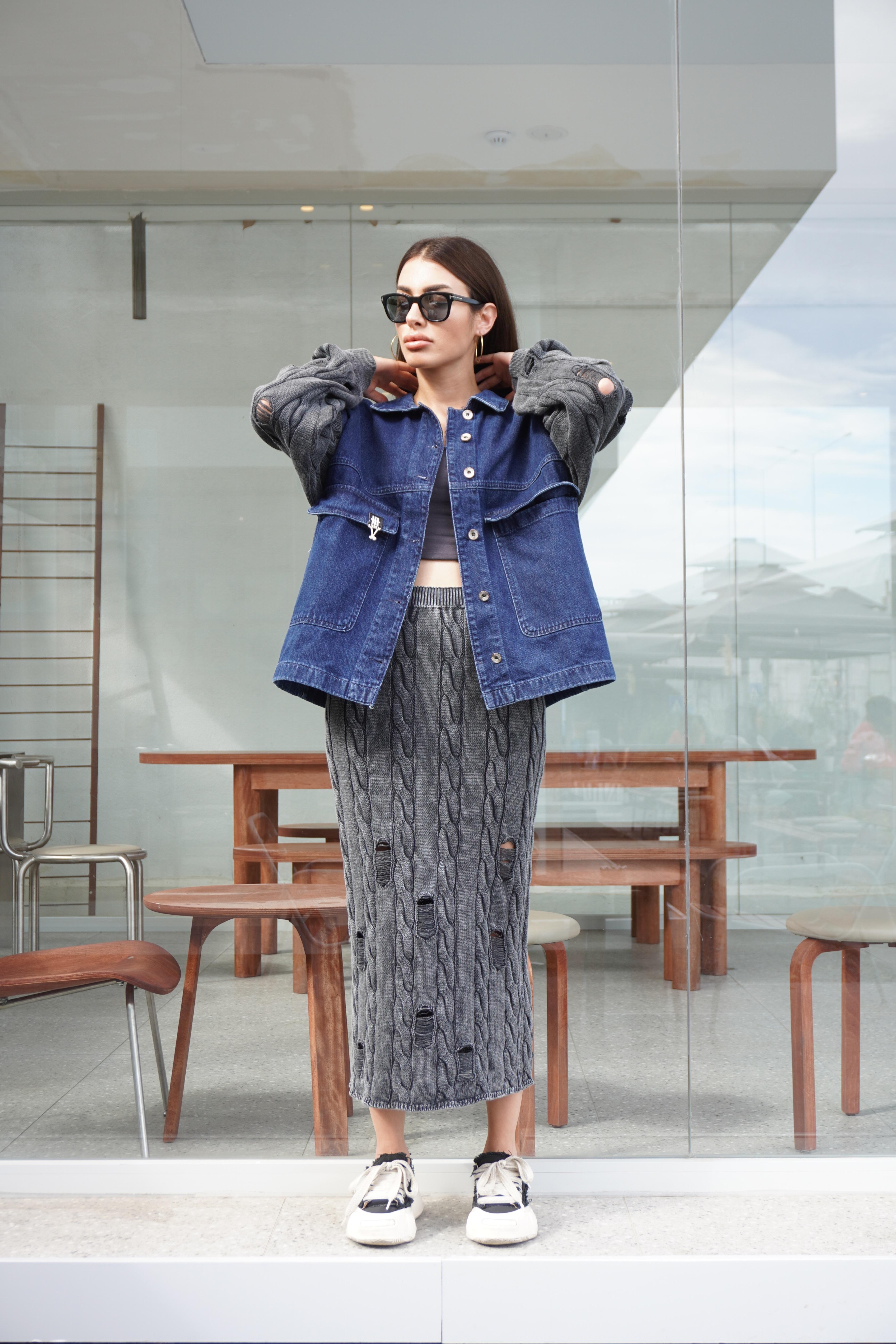 Triko Kol Detaylı Tasarım Oversize Denim Ceket