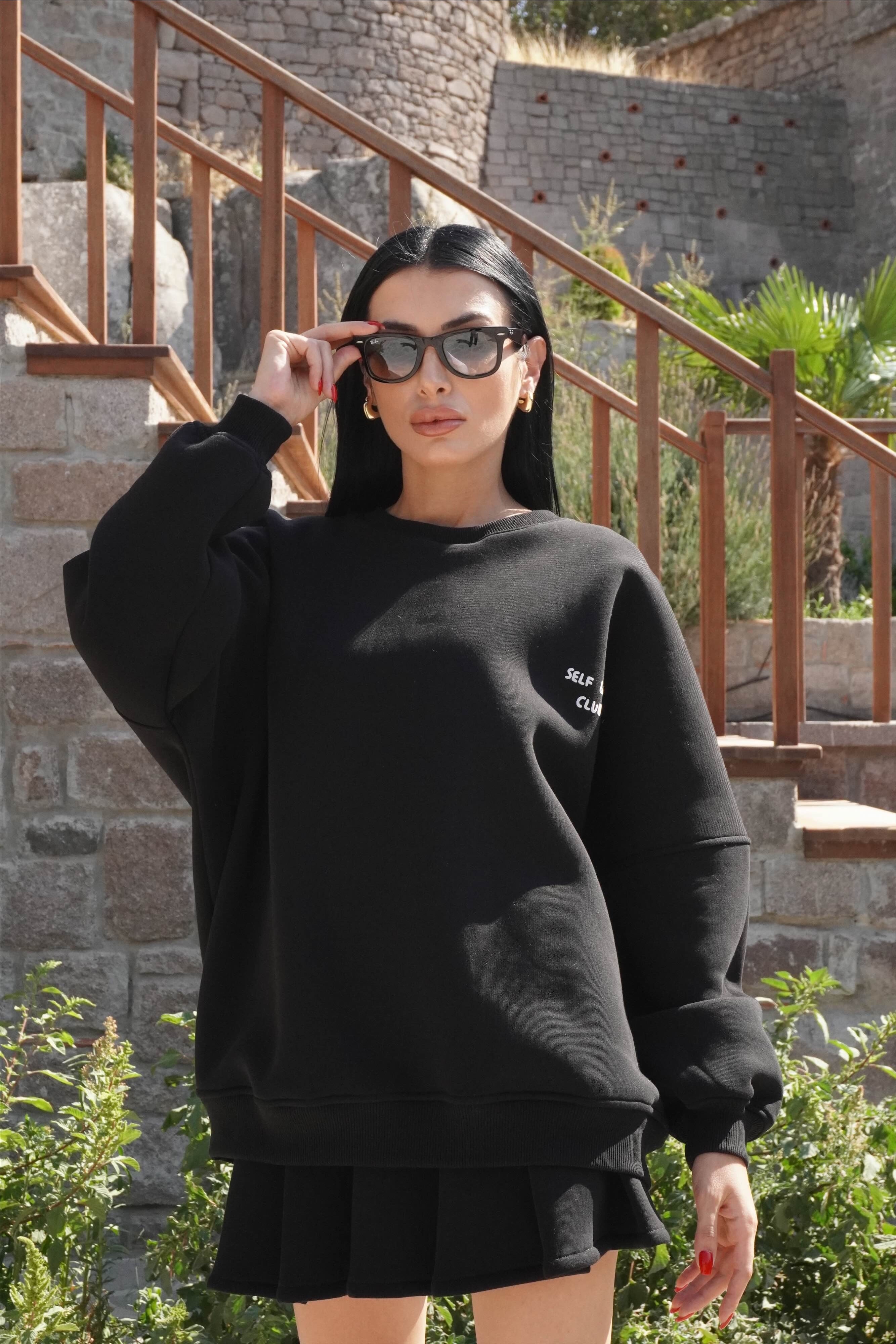 Oversize Siyah Pileli Etek Takım