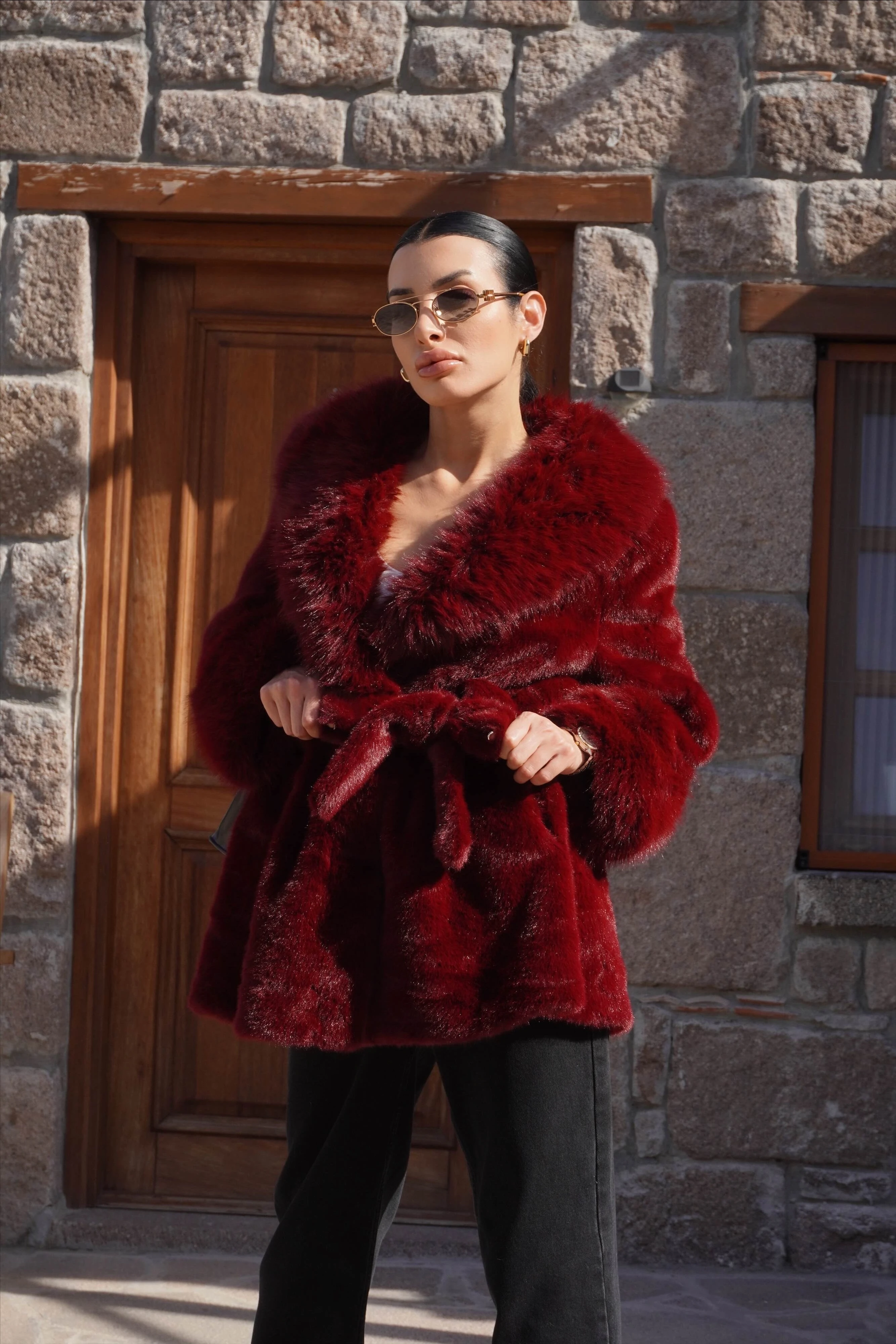 İthal Premium Kürk Yaka Bordo Peluş Kaban 