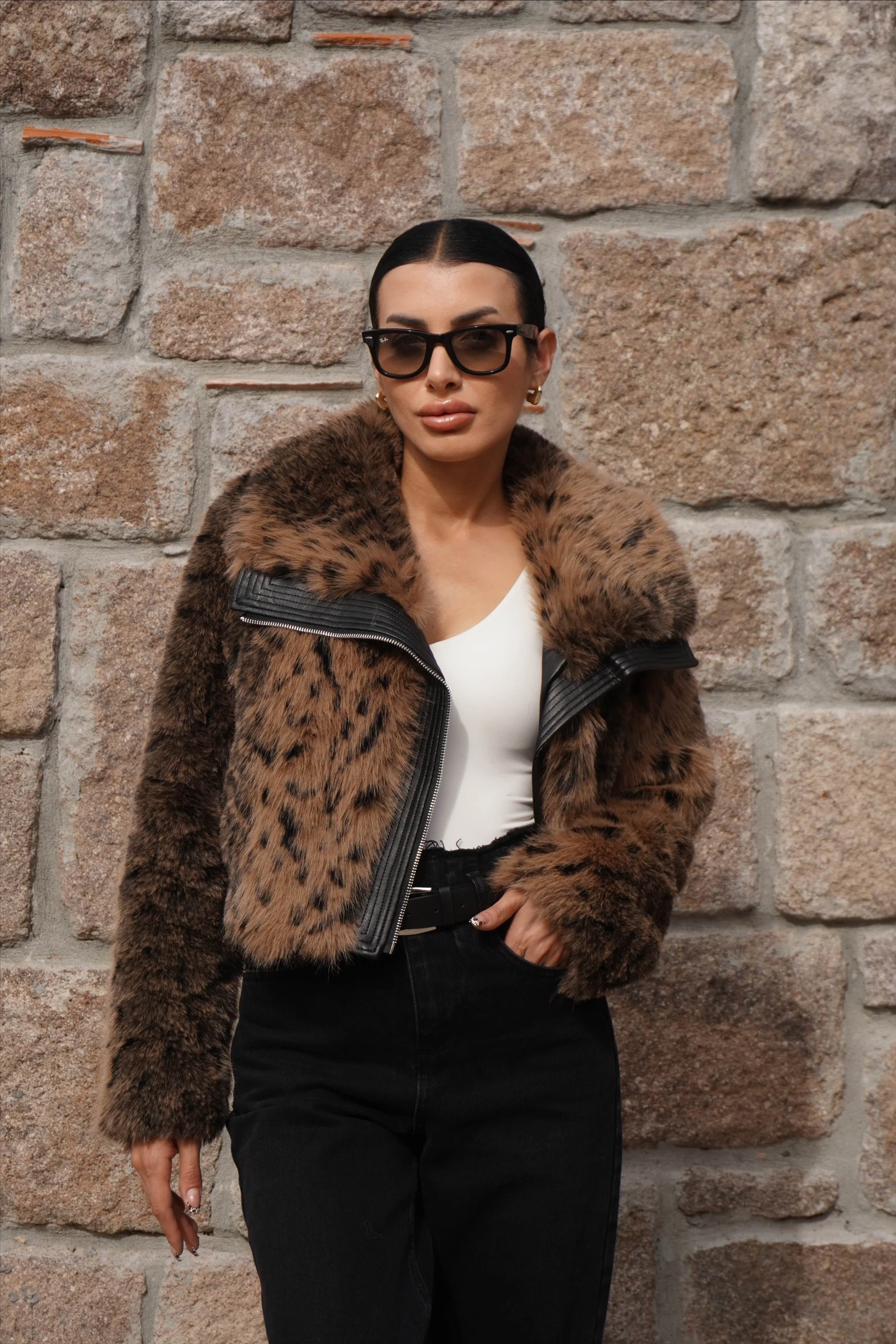 İthal Premium Deri Garnili Leopar Desen Bomber Kürk 