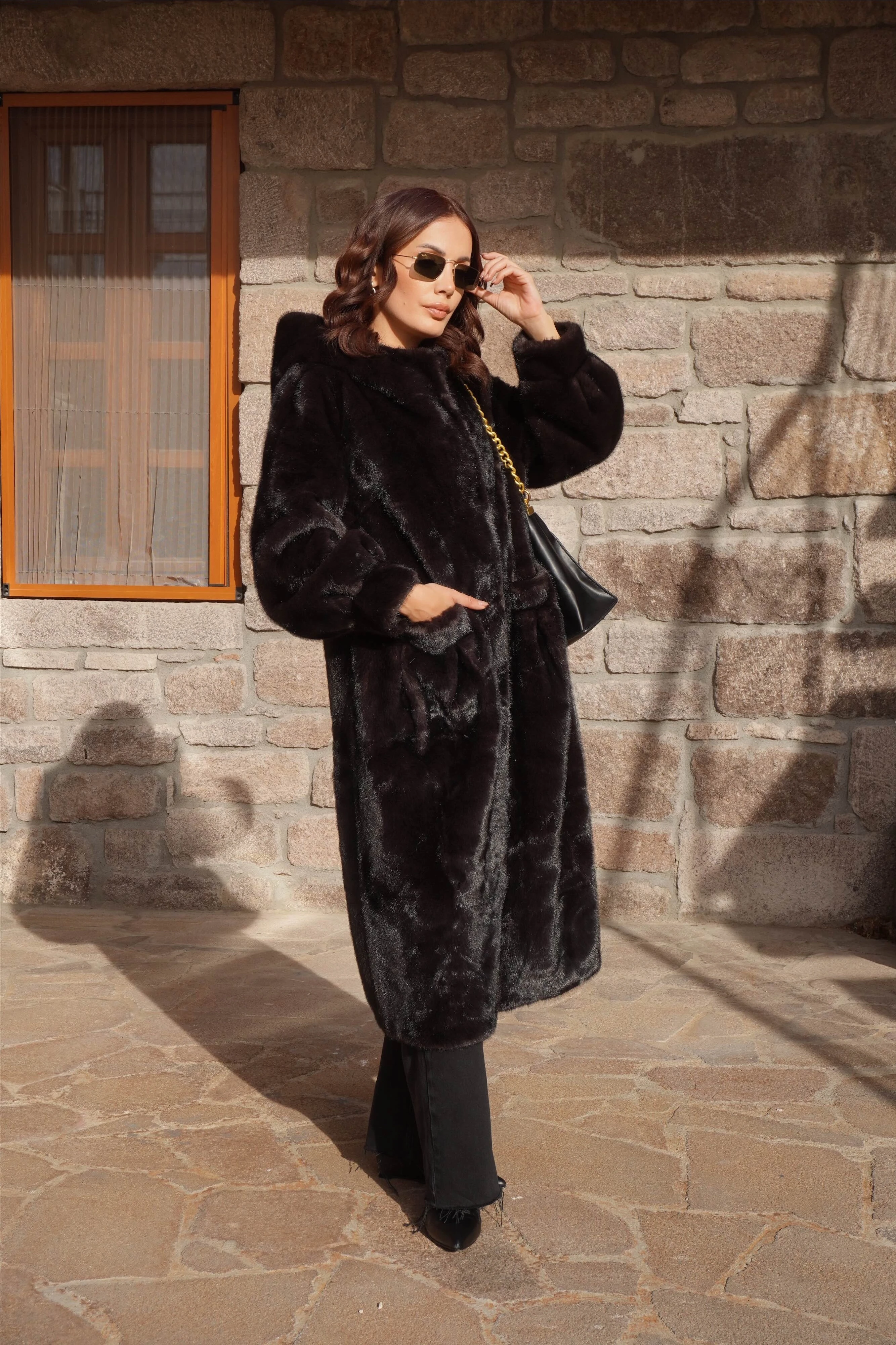 İthal Premium Vintage Görünümlü Kapüşonlu Acı Kahve Lüx Kürk Mont