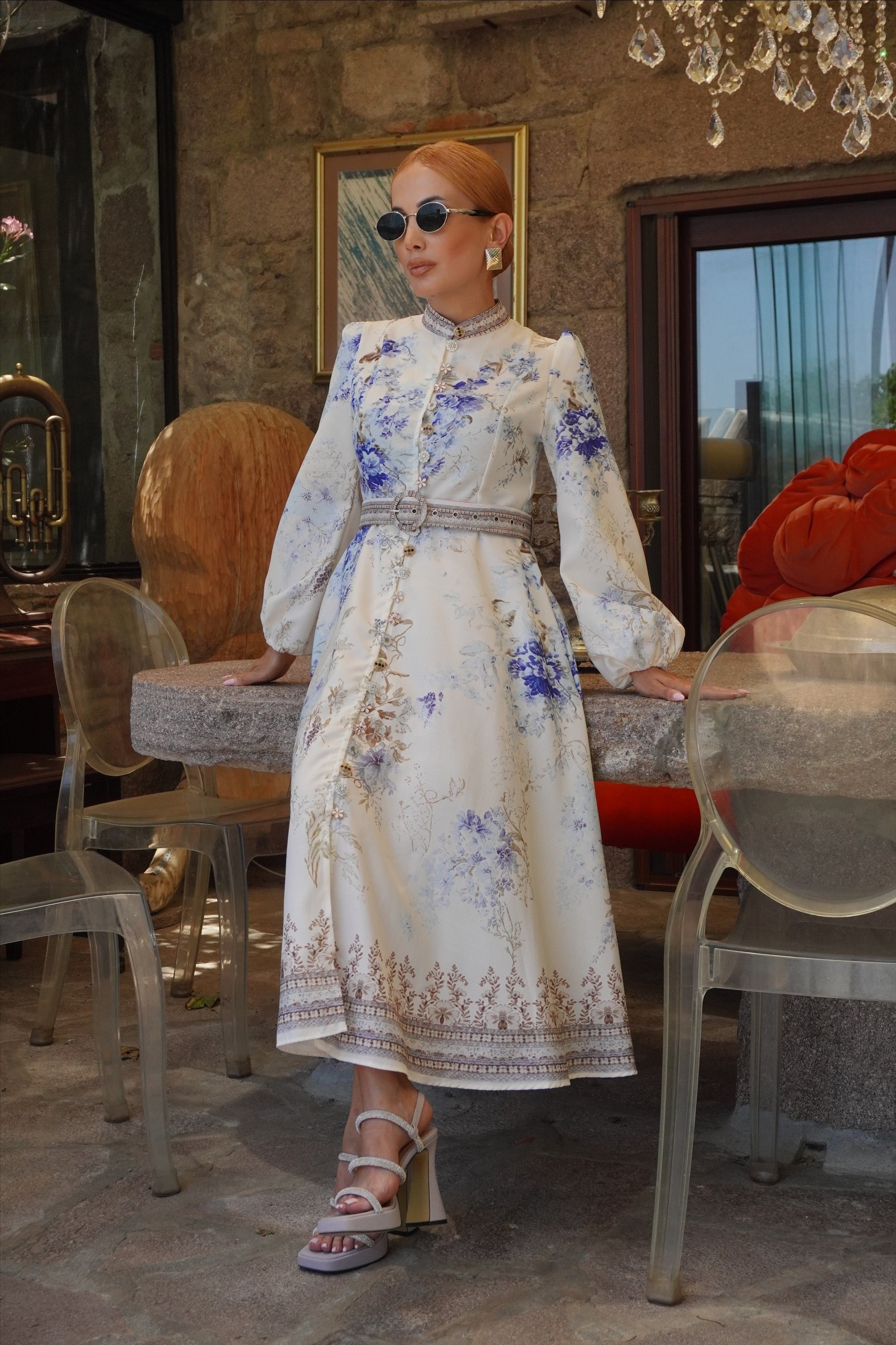 İthal Tasarım Premium Çiçek Desenli Maxi Elbise 