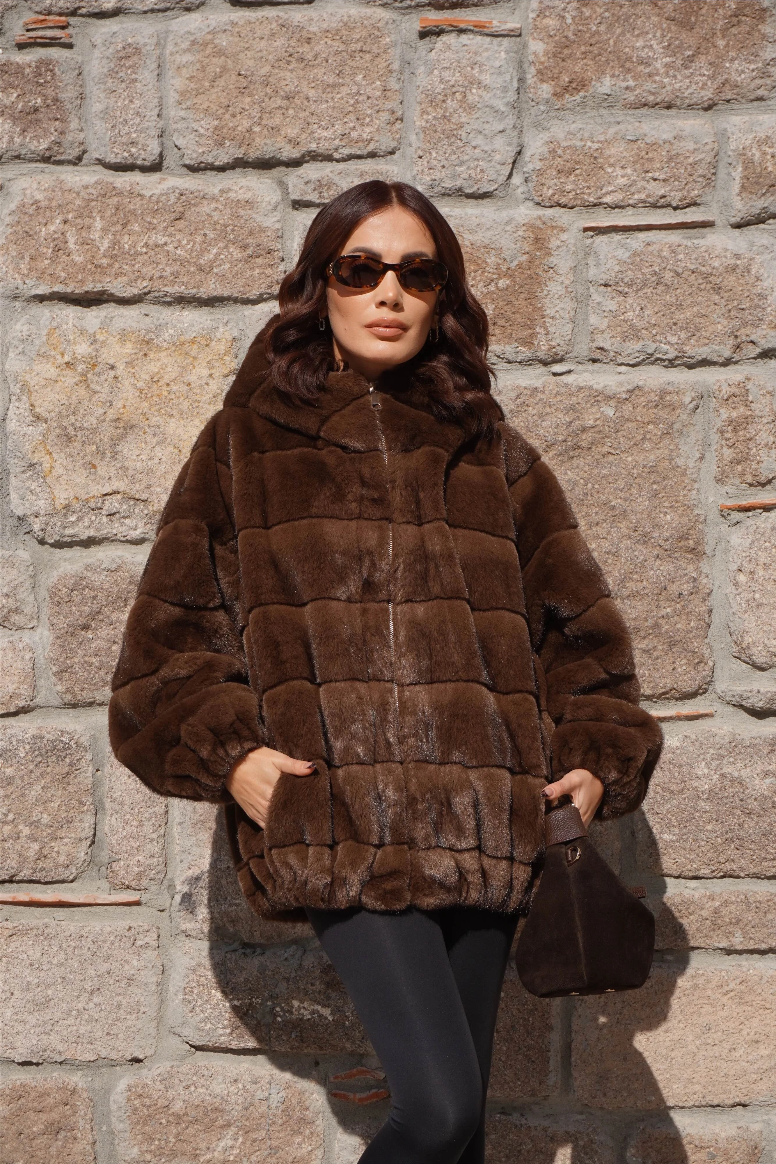 İthal Premium Oversize Kahverengi Kürk Mont