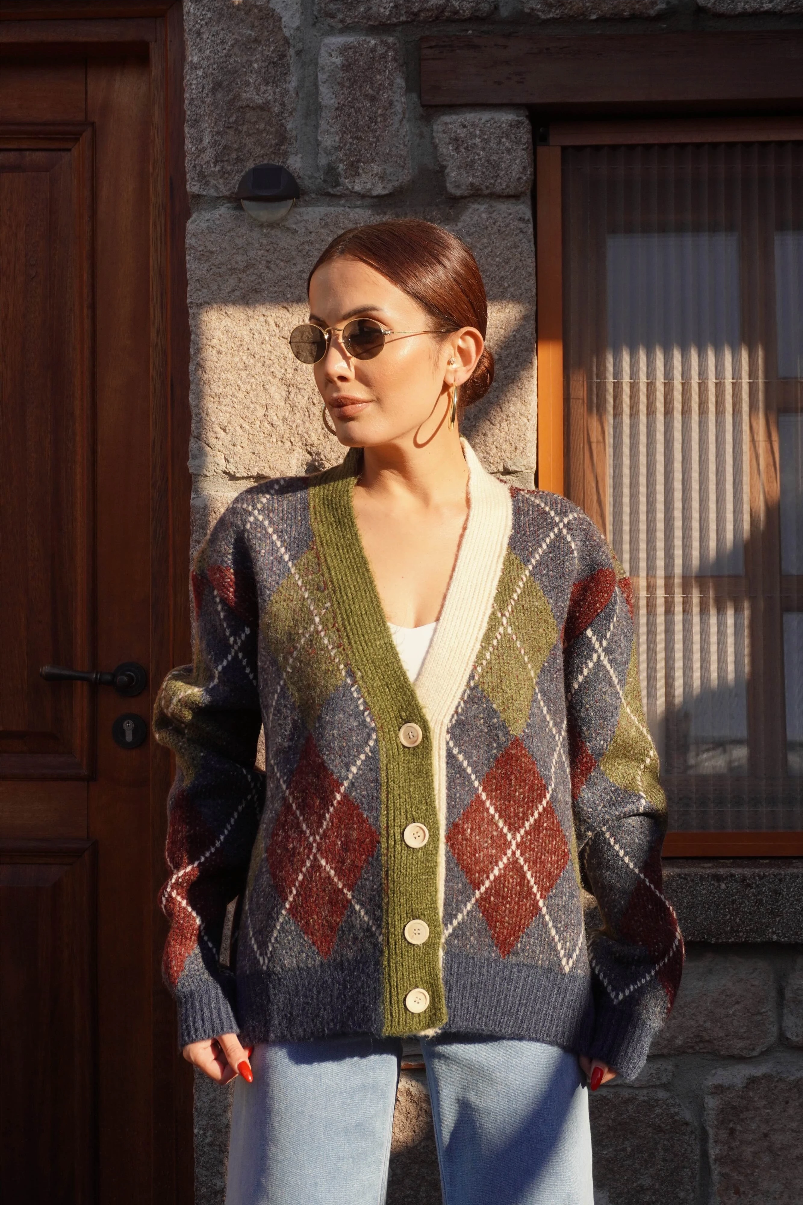 Baklava Desen Haki Bordo Hırka