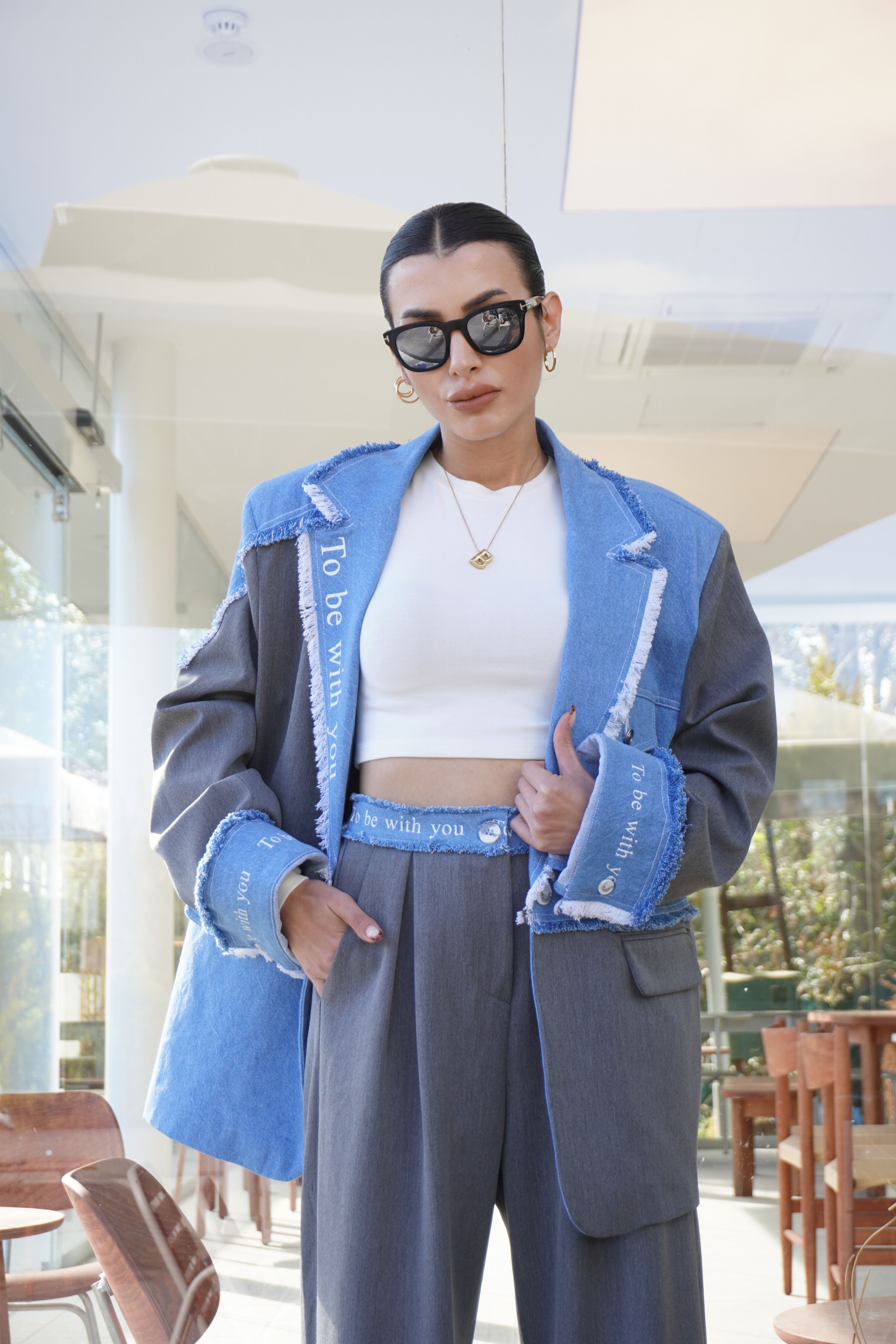 Denim Garnili Yazı Baskılı Oversize Blazer Ceket Pantolon Takım