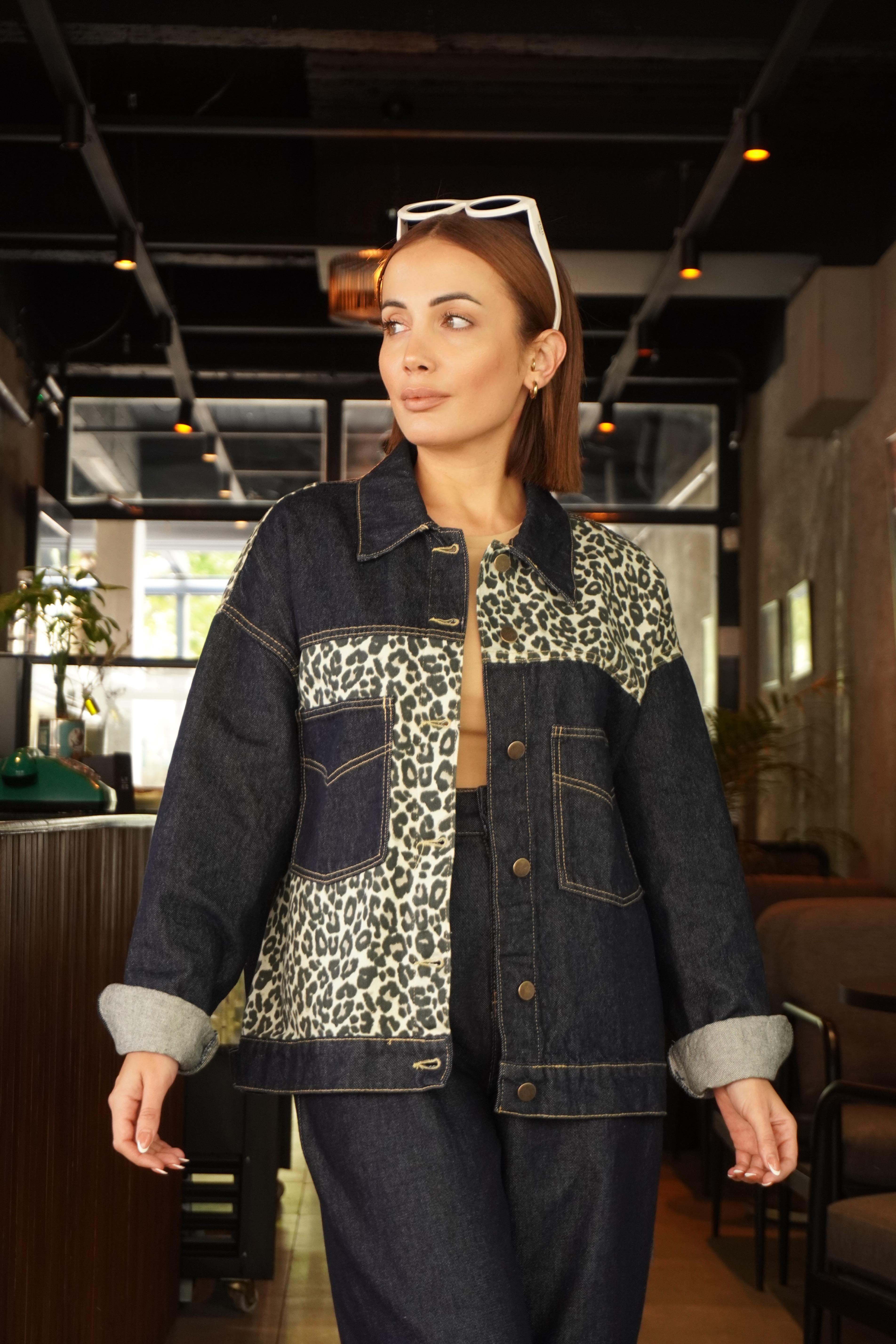 Oversize Leopar Match Detaylı Denim Ceket