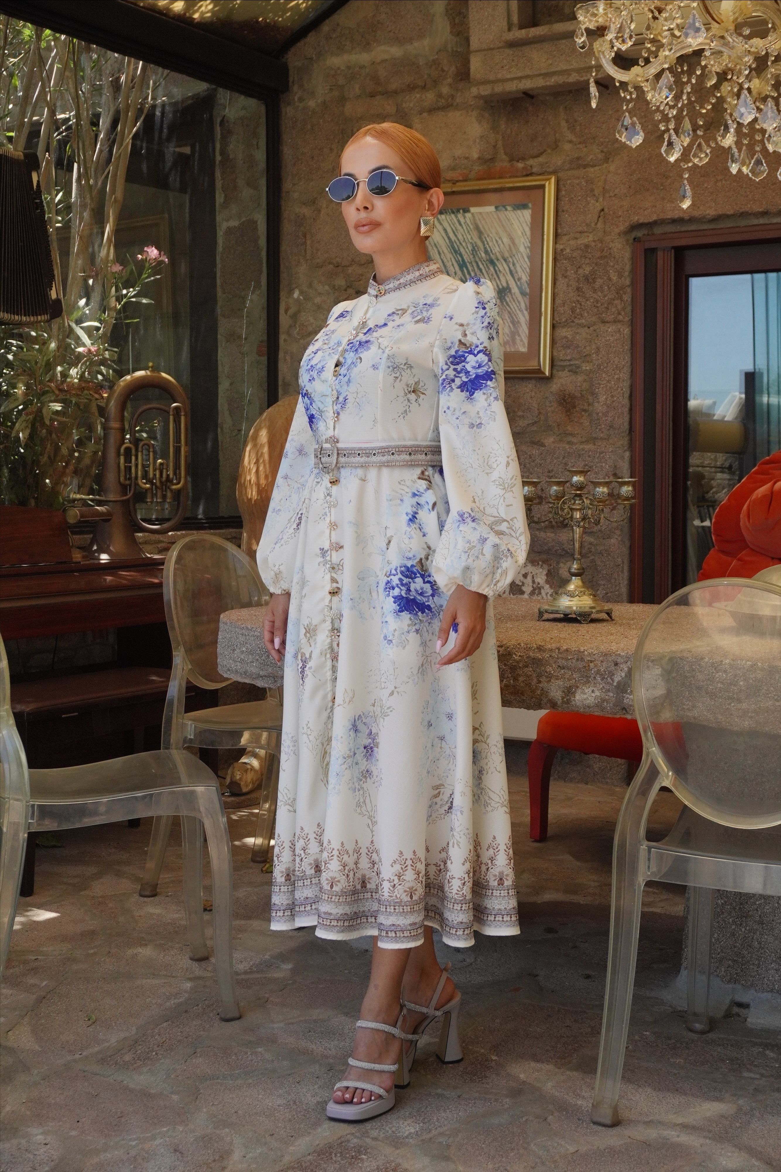 İthal Tasarım Premium Çiçek Desenli Maxi Elbise 