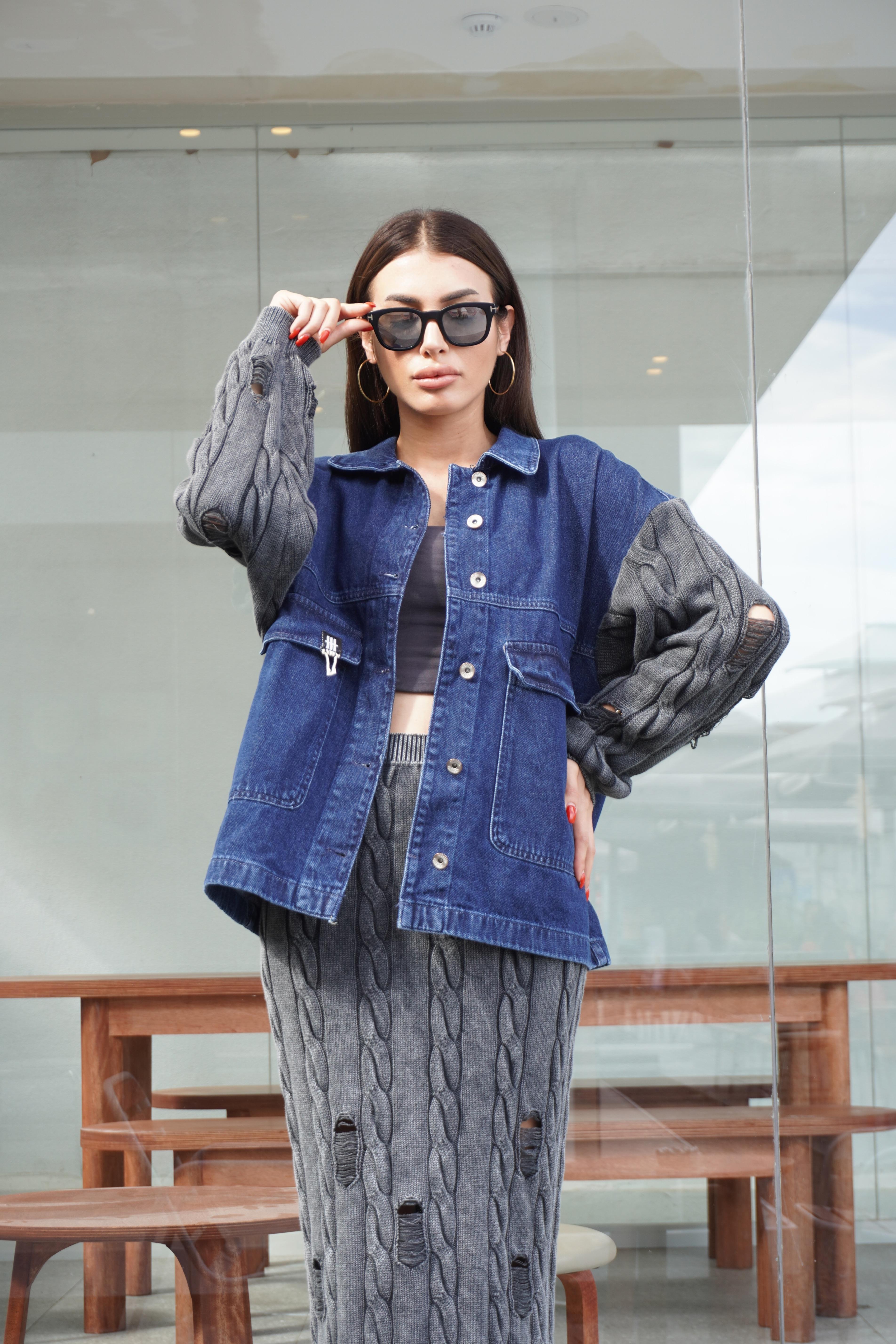 Triko Kol Detaylı Tasarım Oversize Denim Ceket