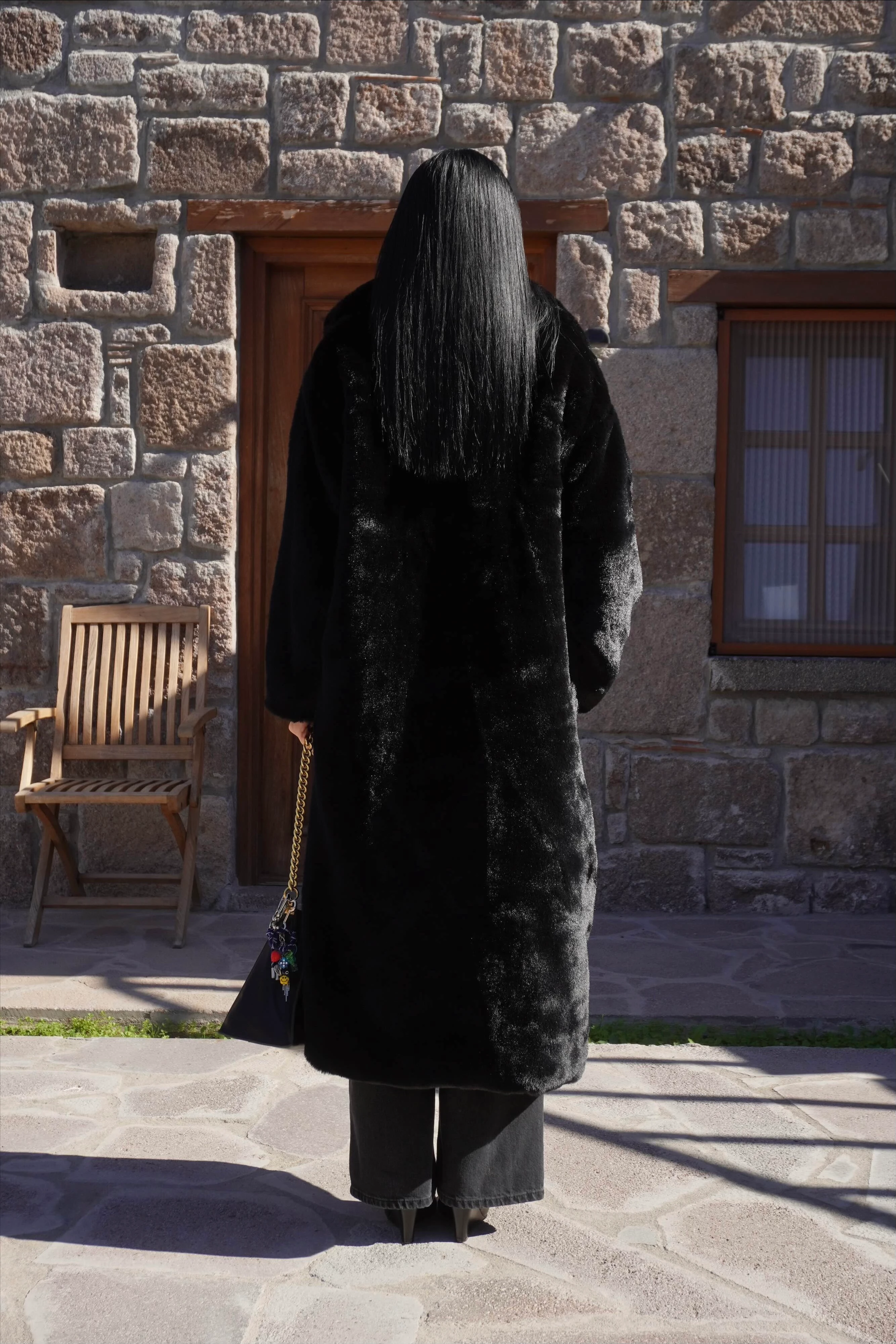 Premium Siyah Peluş Tam Boy Kürk Kaban 