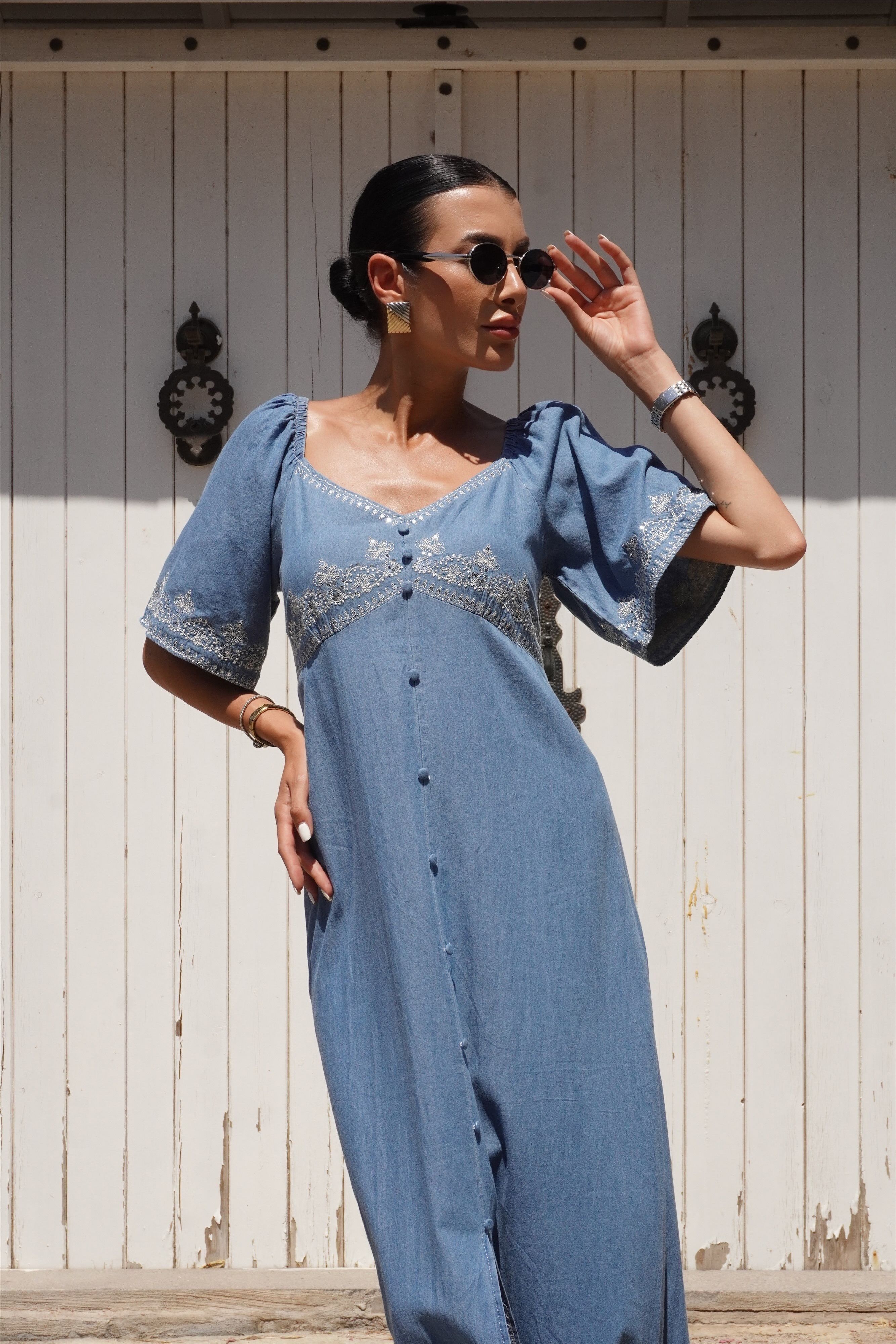 Premium Pull Boncuk Nakış Detaylı İnce Maxi Denim Elbise 