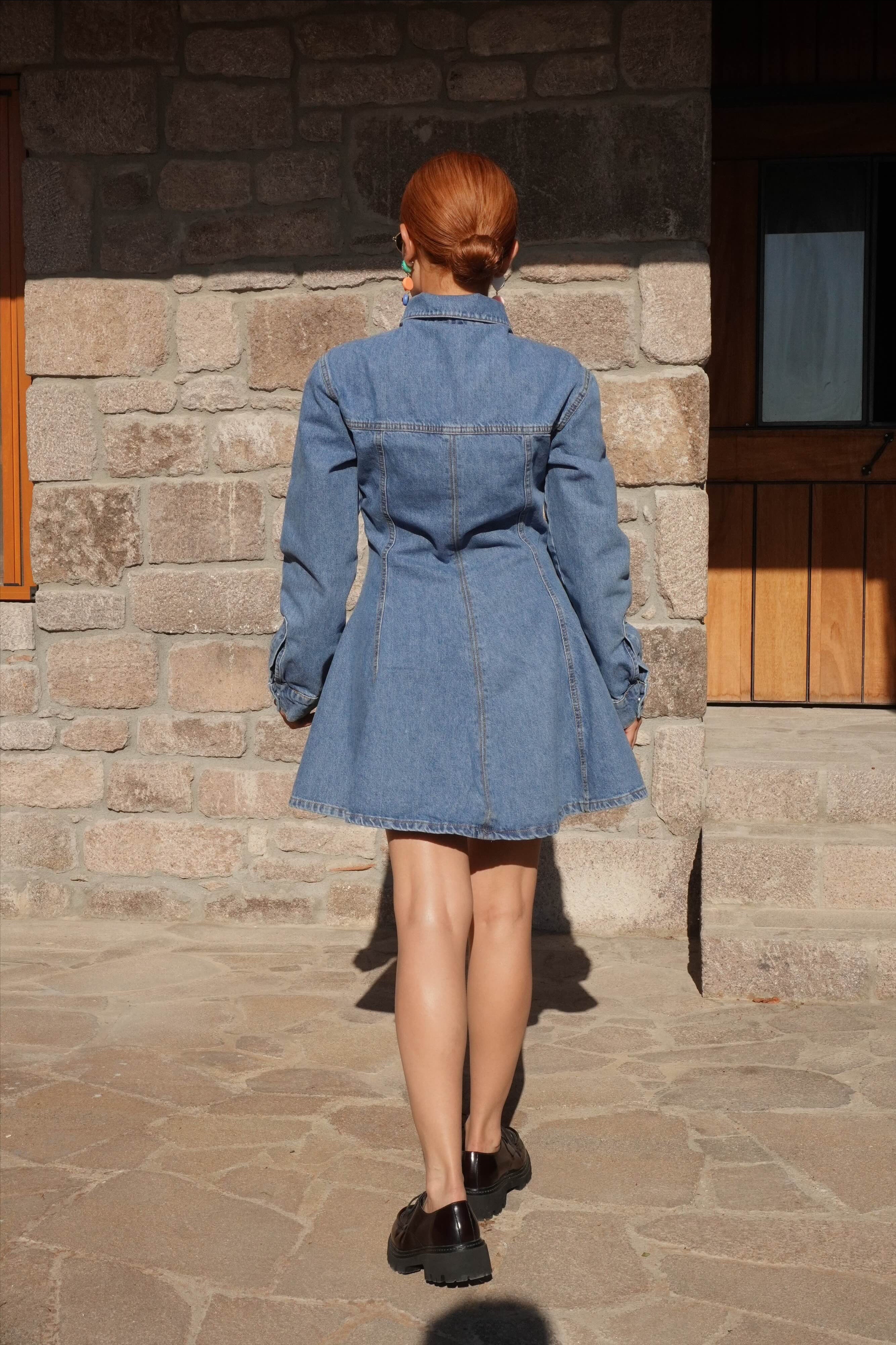 Belden Oturtmalı Mini Denim Elbise 