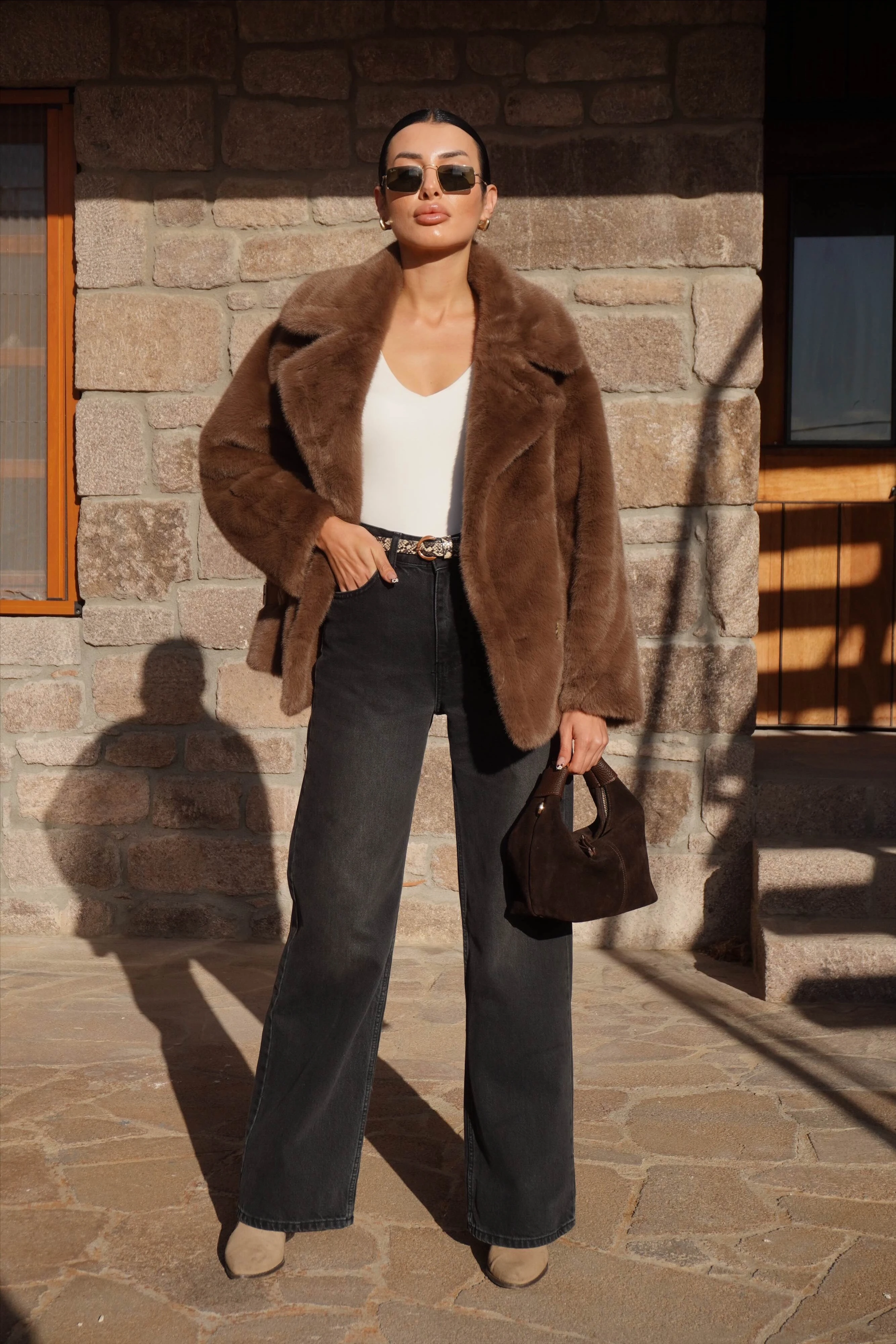 İthal Premium Kahverengi Peluş Ceket Kürk