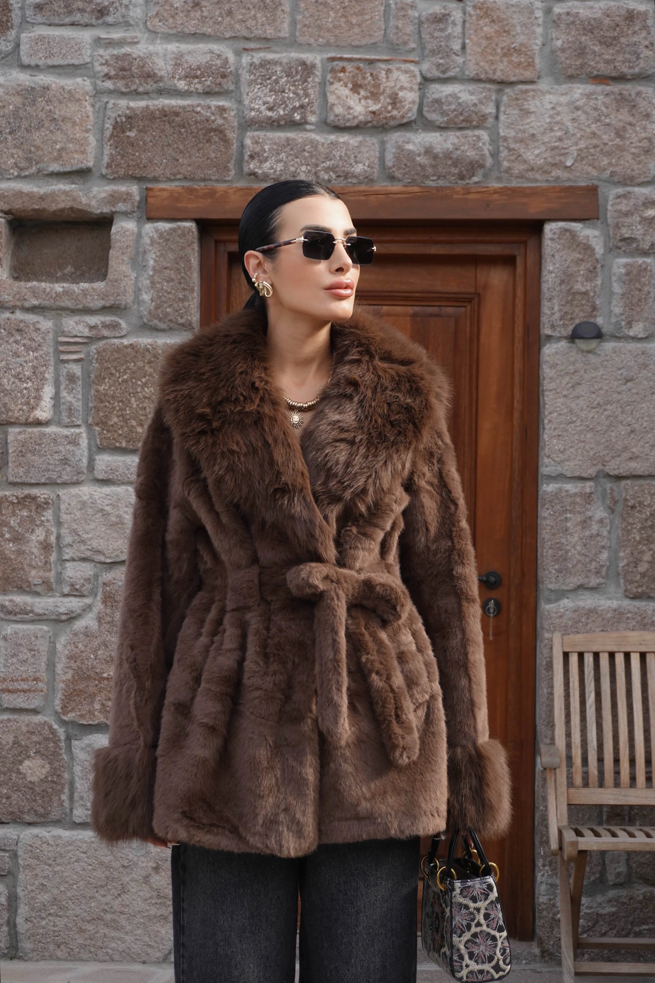 İthal Premium Kürk Yaka Kahverengi Peluş Kaban