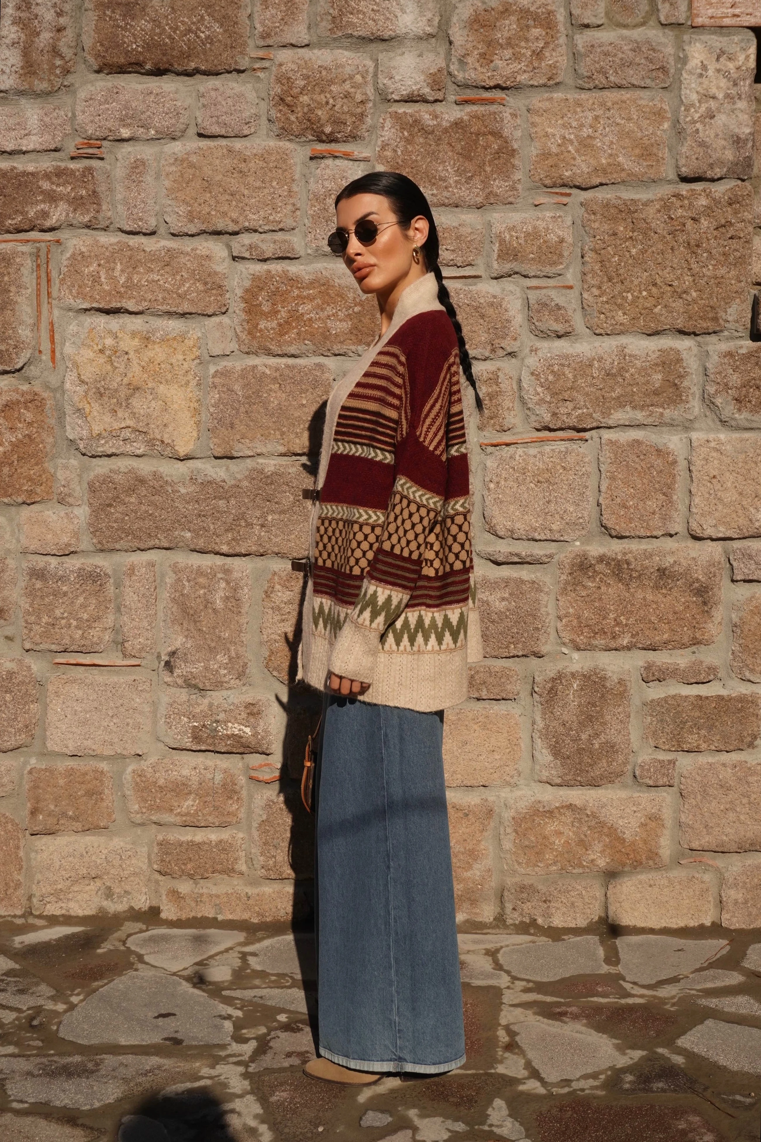 Kemer Detaylı Oversiz Taş-Bordo Hırka