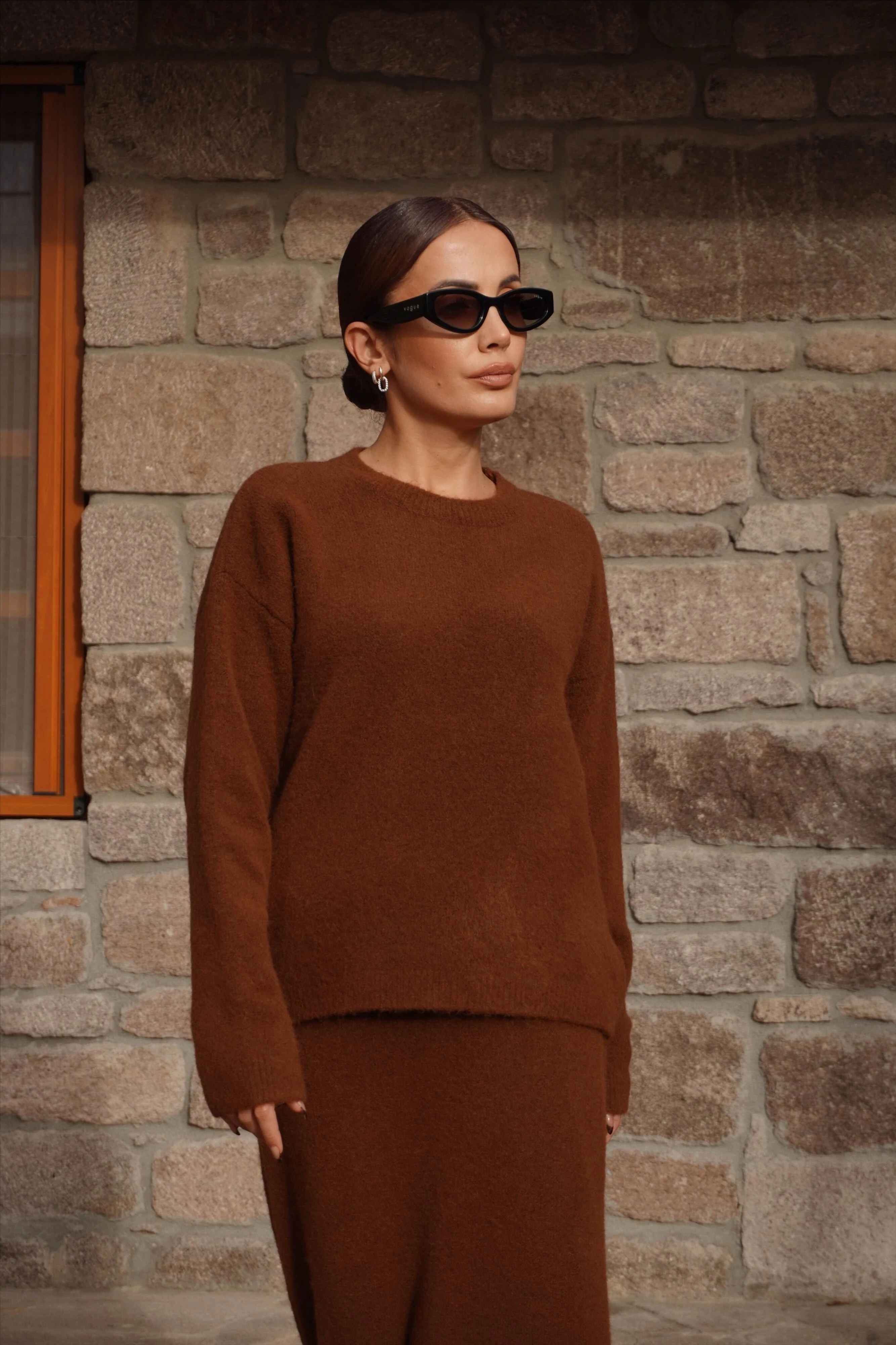 Premium Tarçın Renk Etek Kazak Triko Takım