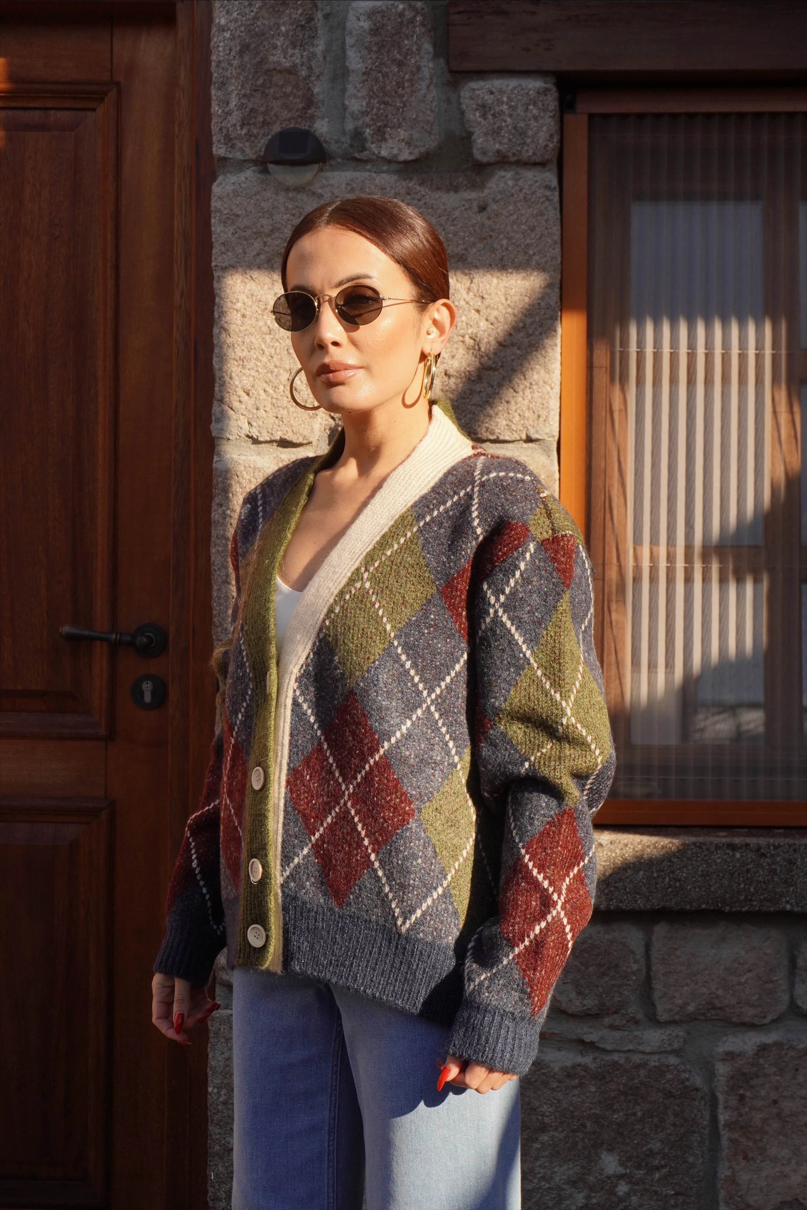 Baklava Desen Haki Bordo Hırka