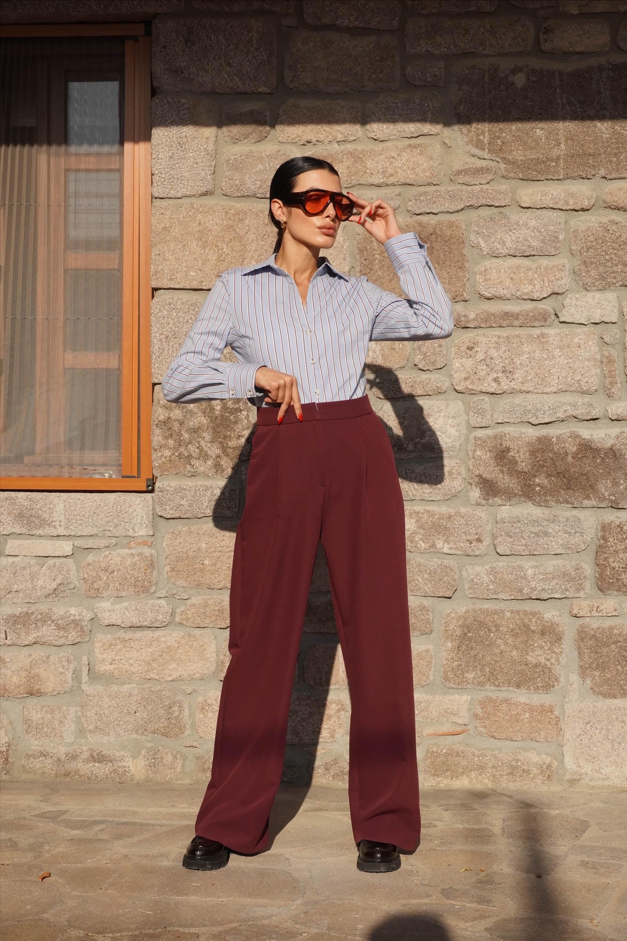 Bordo Çizgi Detaylı Bebe Mavi Gömlek 