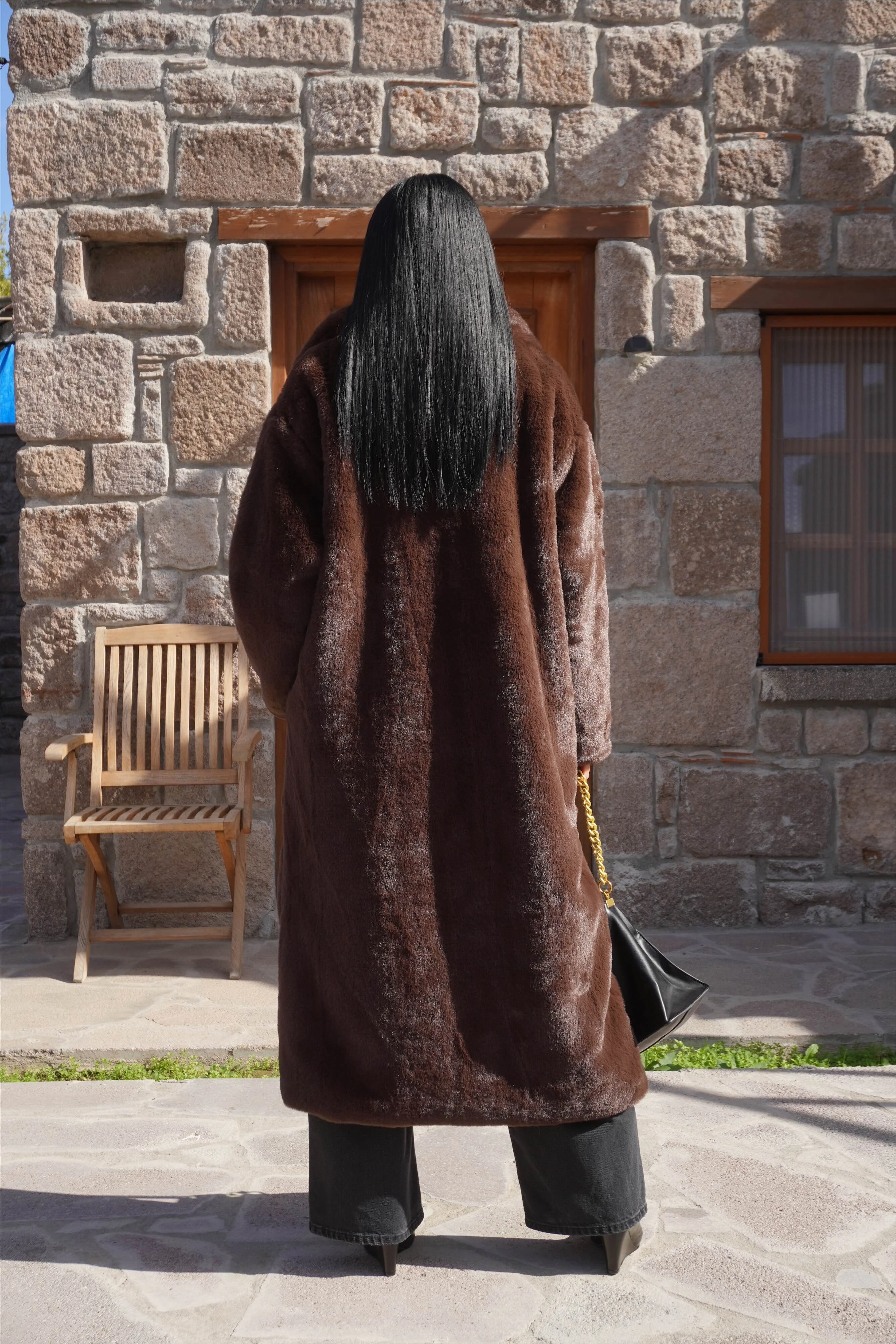 Premium Kahverengi Peluş Tam Boy Kürk Kaban 