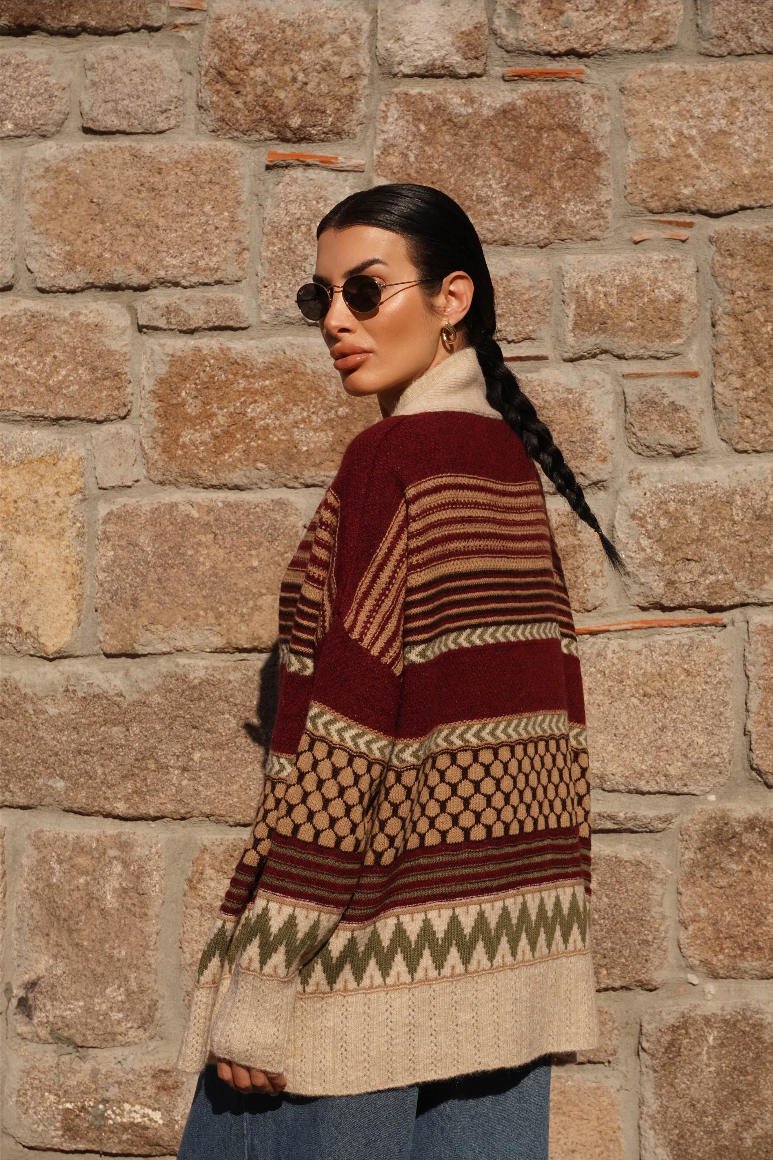 Kemer Detaylı Oversiz Taş-Bordo Hırka