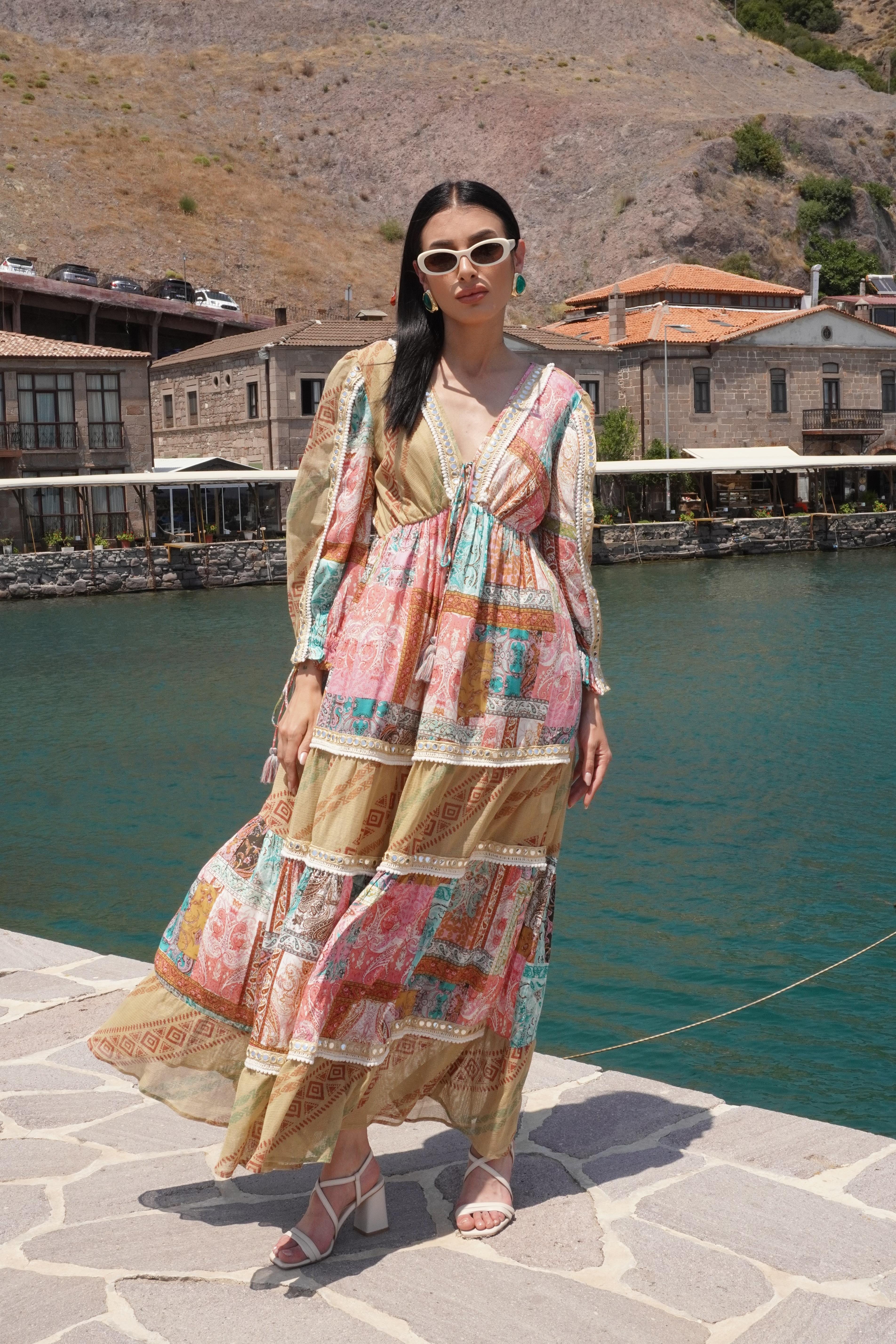İthal Tasarım Patchwork Elbise 