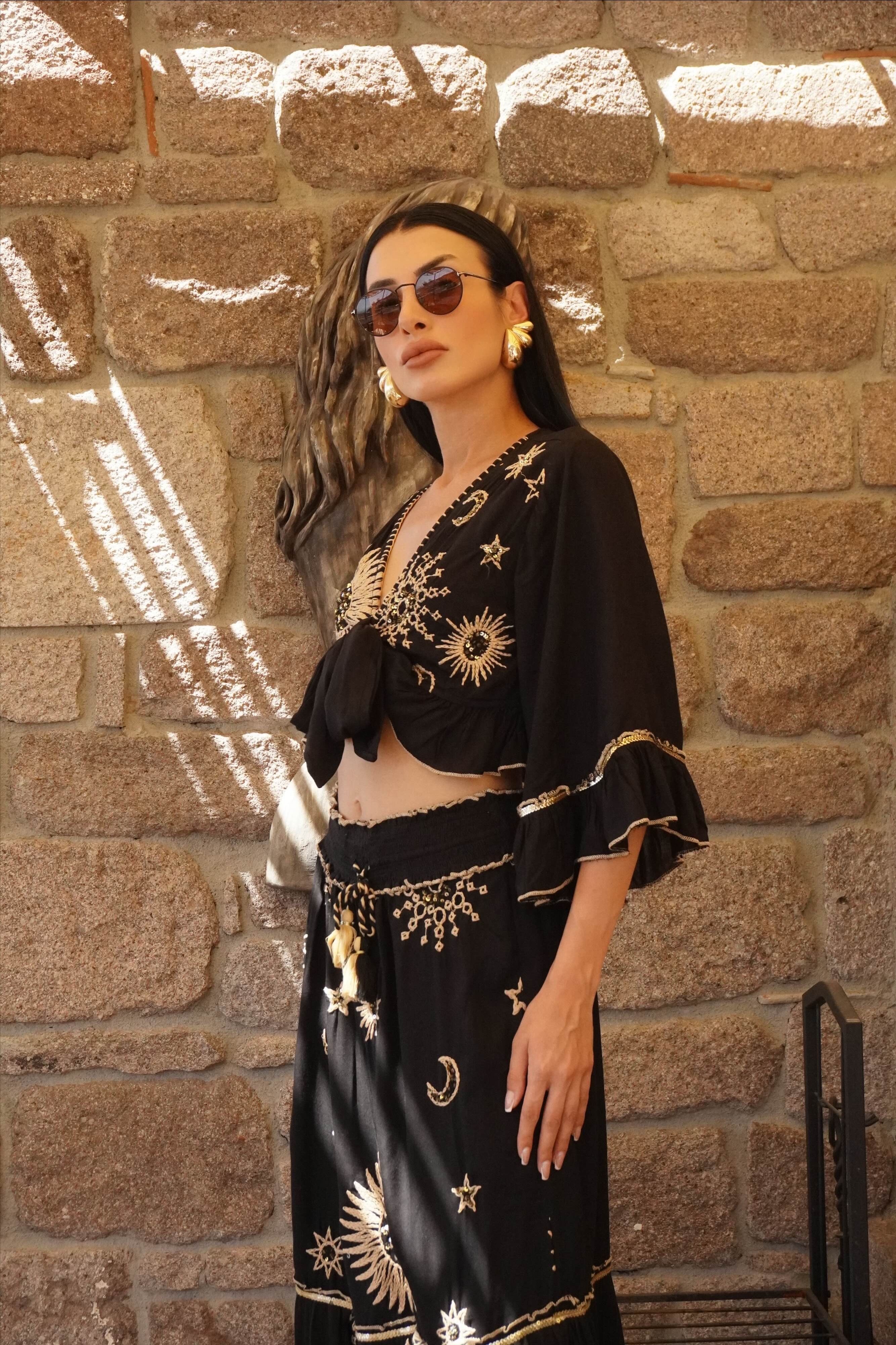 İthal Tasarım Nakış İşlemeli Bohem Siyah Takım