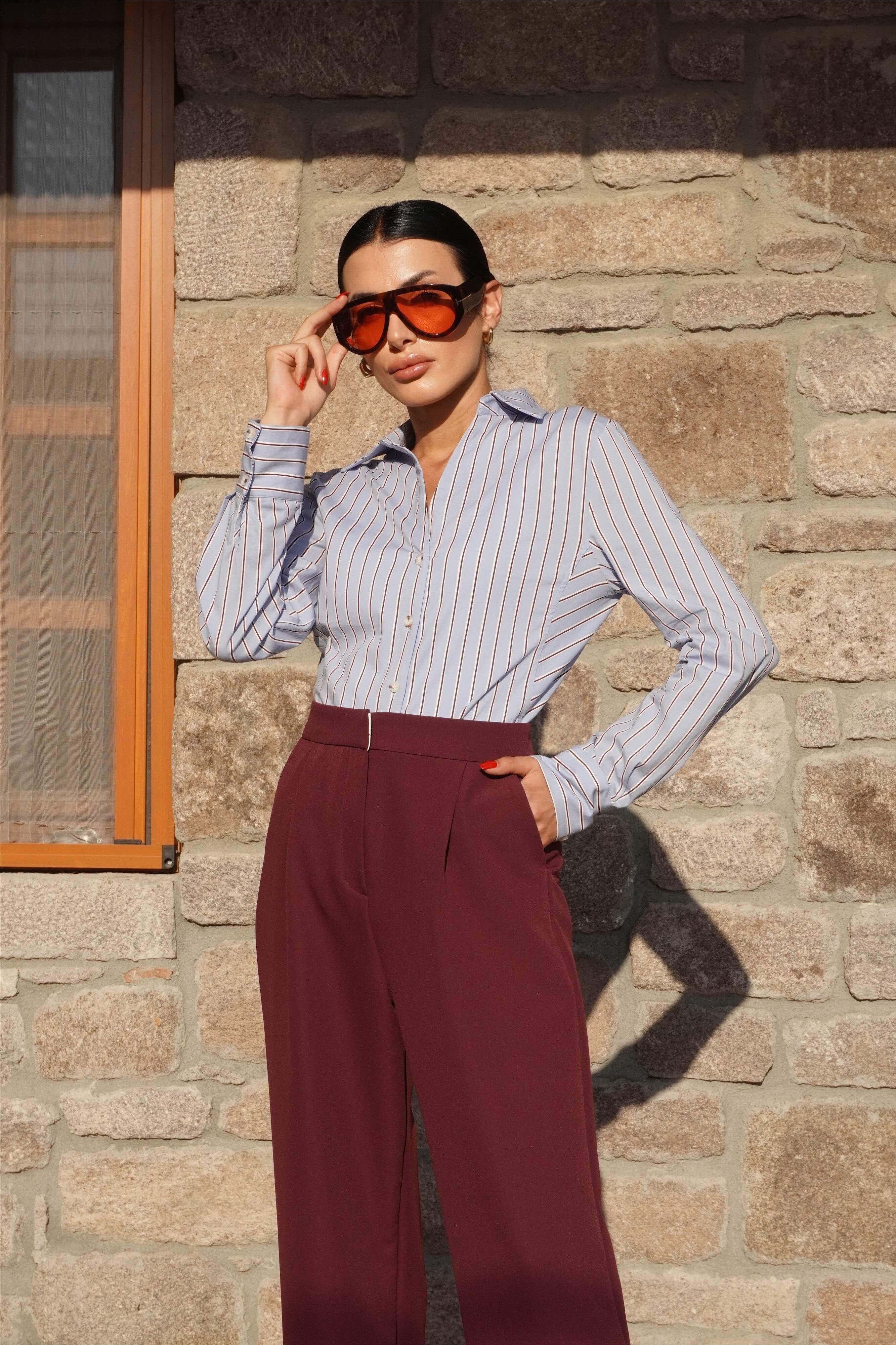 Bordo Çizgi Detaylı Bebe Mavi Gömlek 