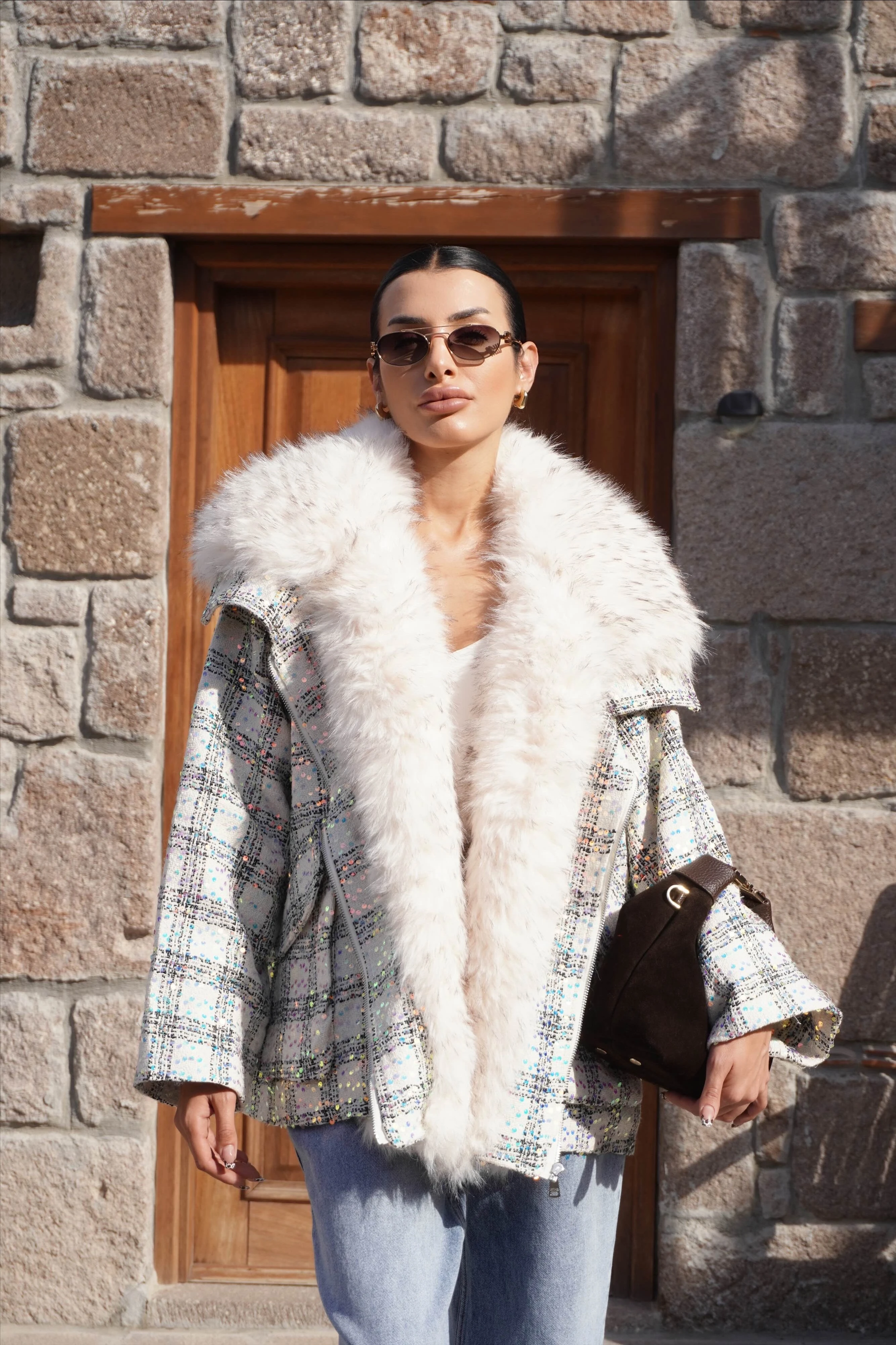 İthal Tasarım Premium Kürk Yaka Detaylı Tüvit Mont