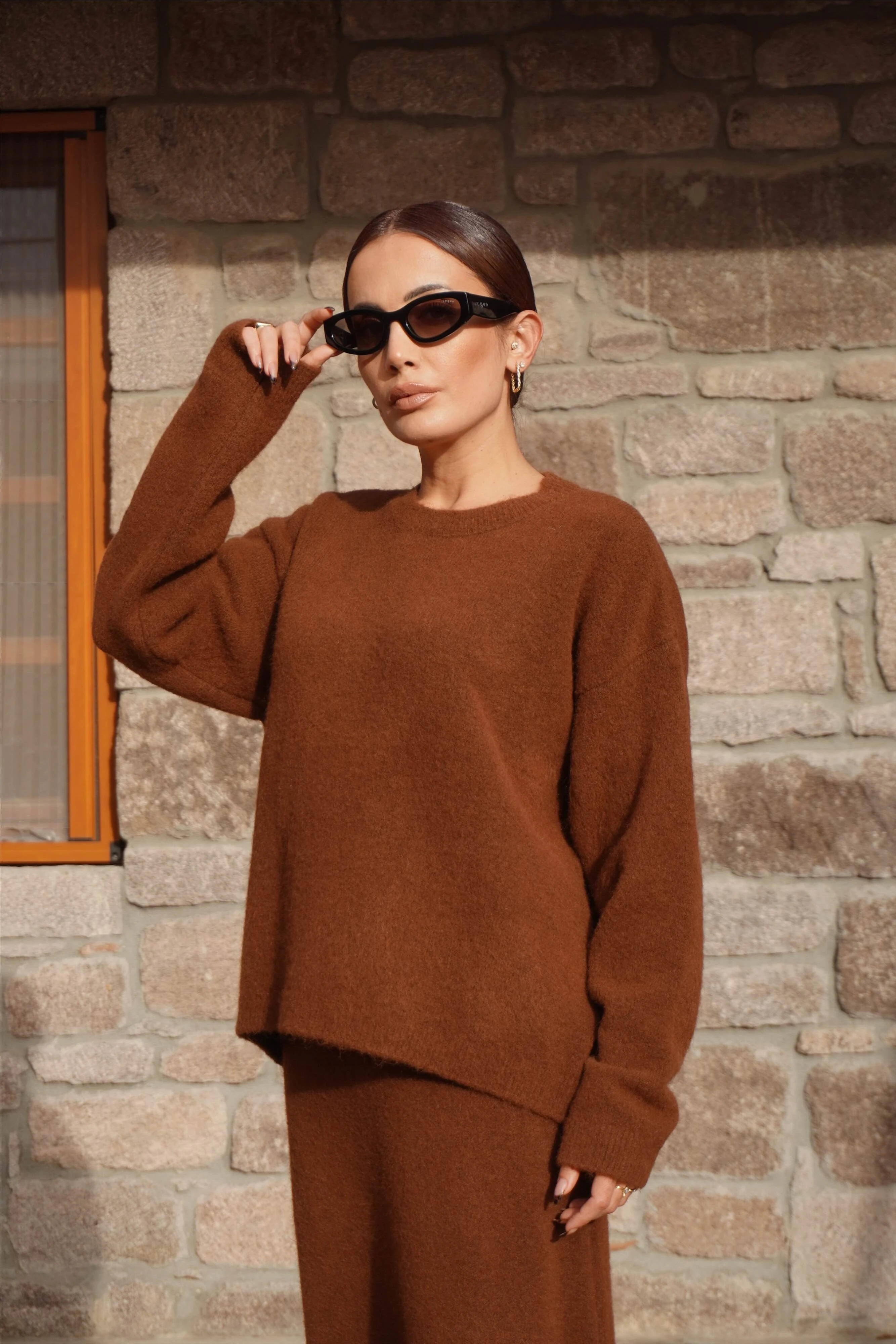 Premium Tarçın Renk Etek Kazak Triko Takım