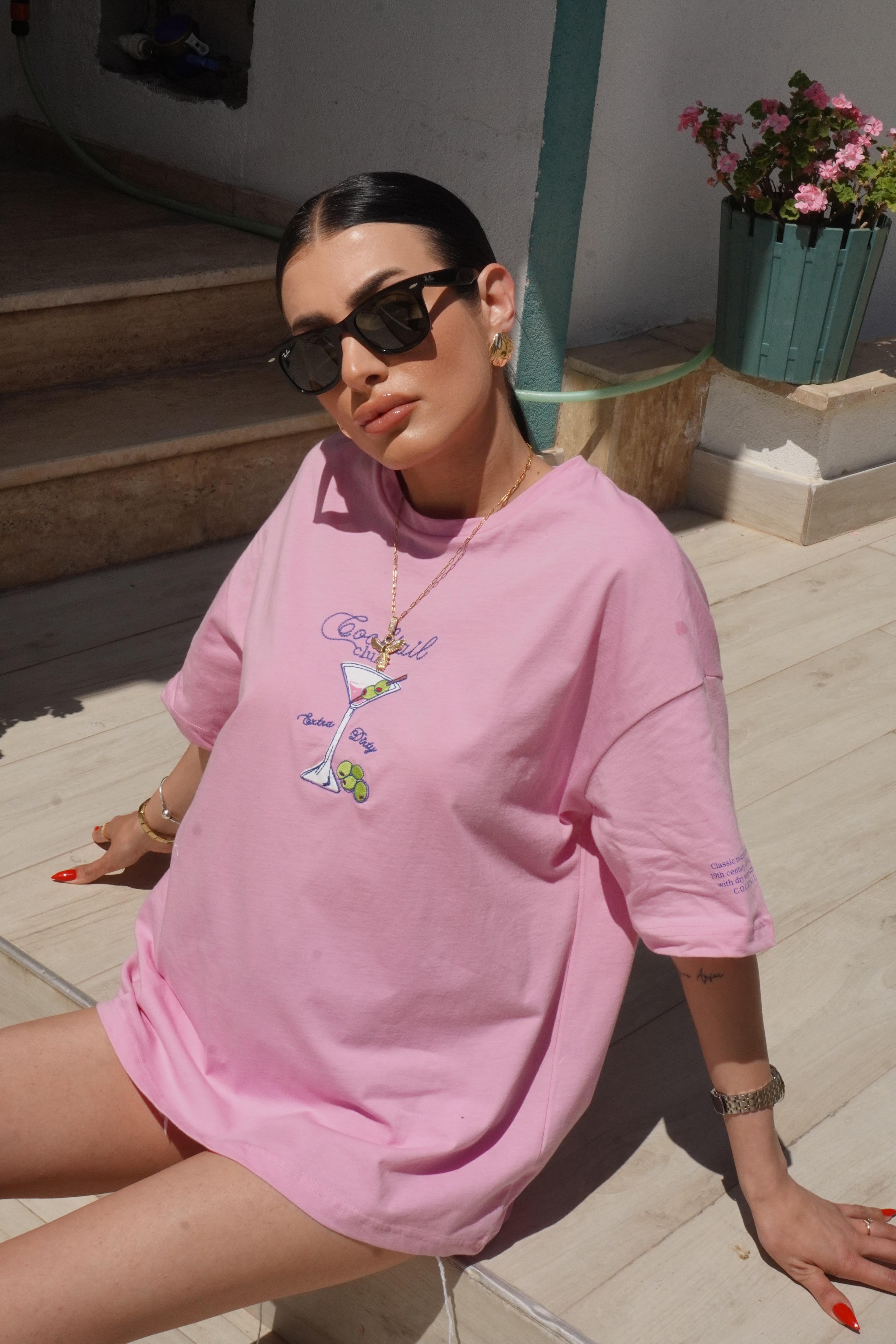 Bardak Baskılı Oversize Pembe Tişört