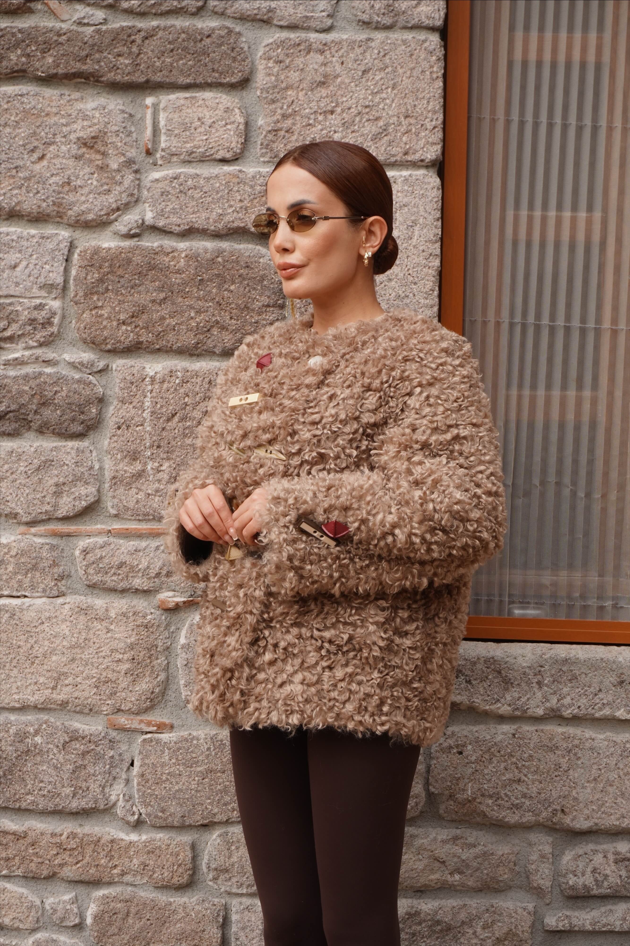İthal Tasarım Premium Düğme Detaylı Camel Kürk 