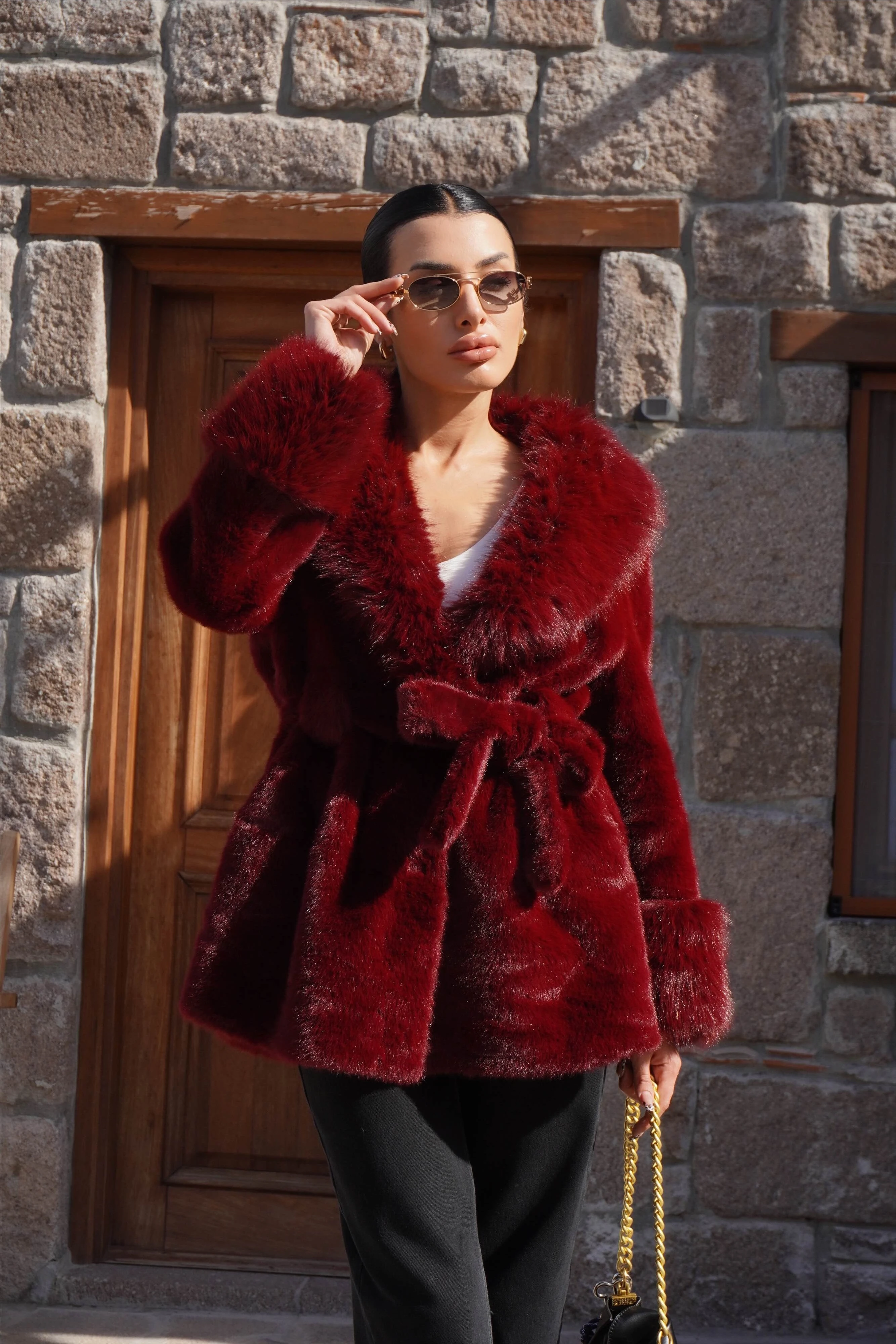 İthal Premium Kürk Yaka Bordo Peluş Kaban 