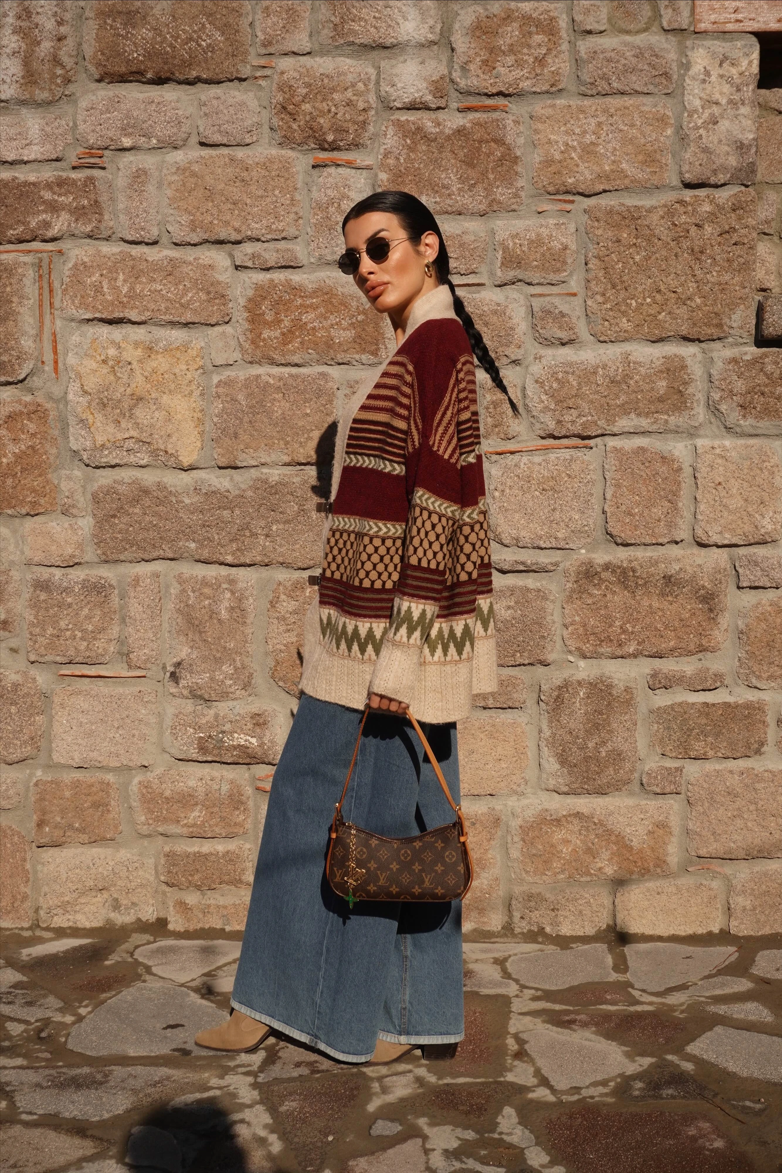 Kemer Detaylı Oversiz Taş-Bordo Hırka