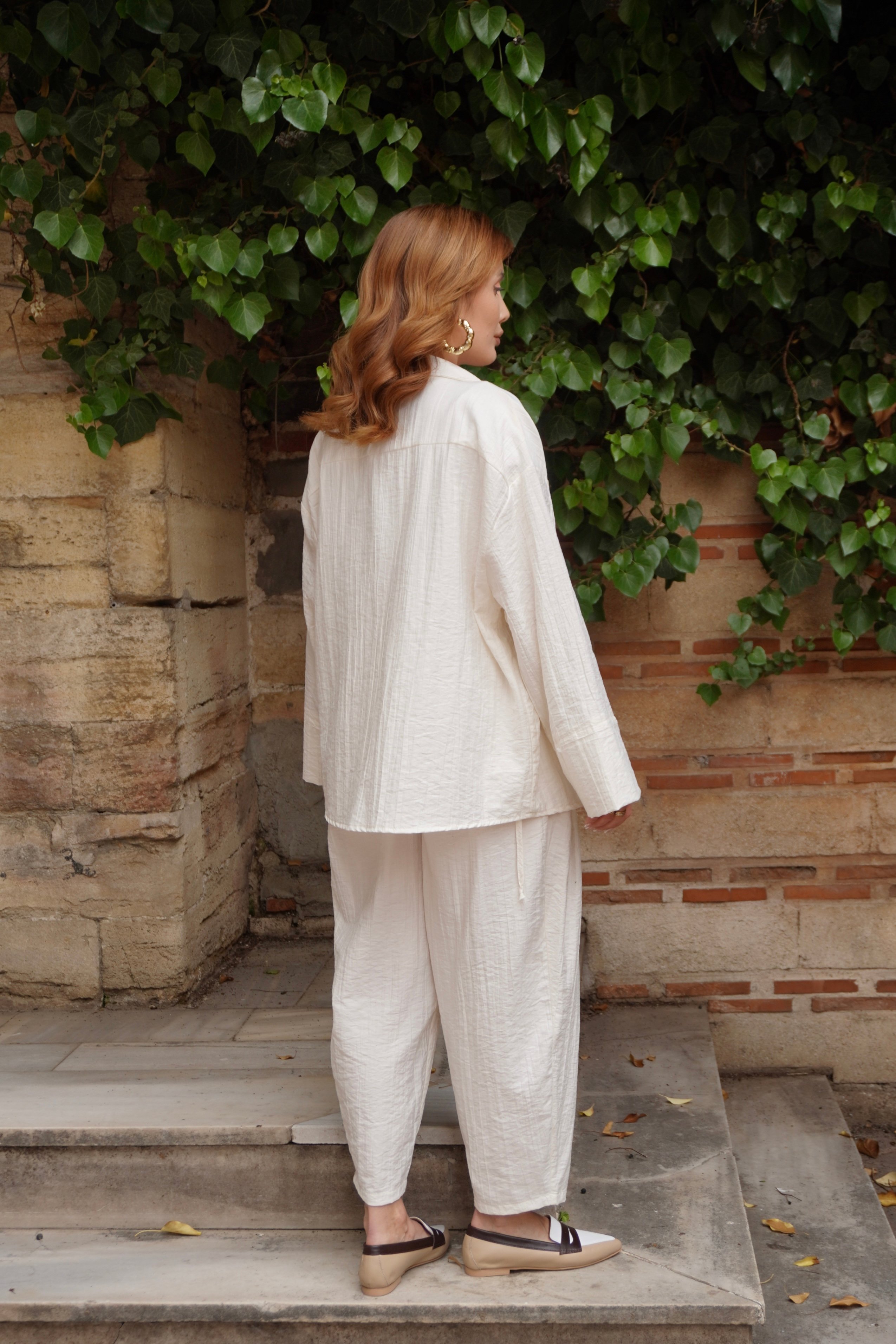 Marka Model Ekru Müslin Kumaş Kimono Gömlek Şalvar Pantolon Takım