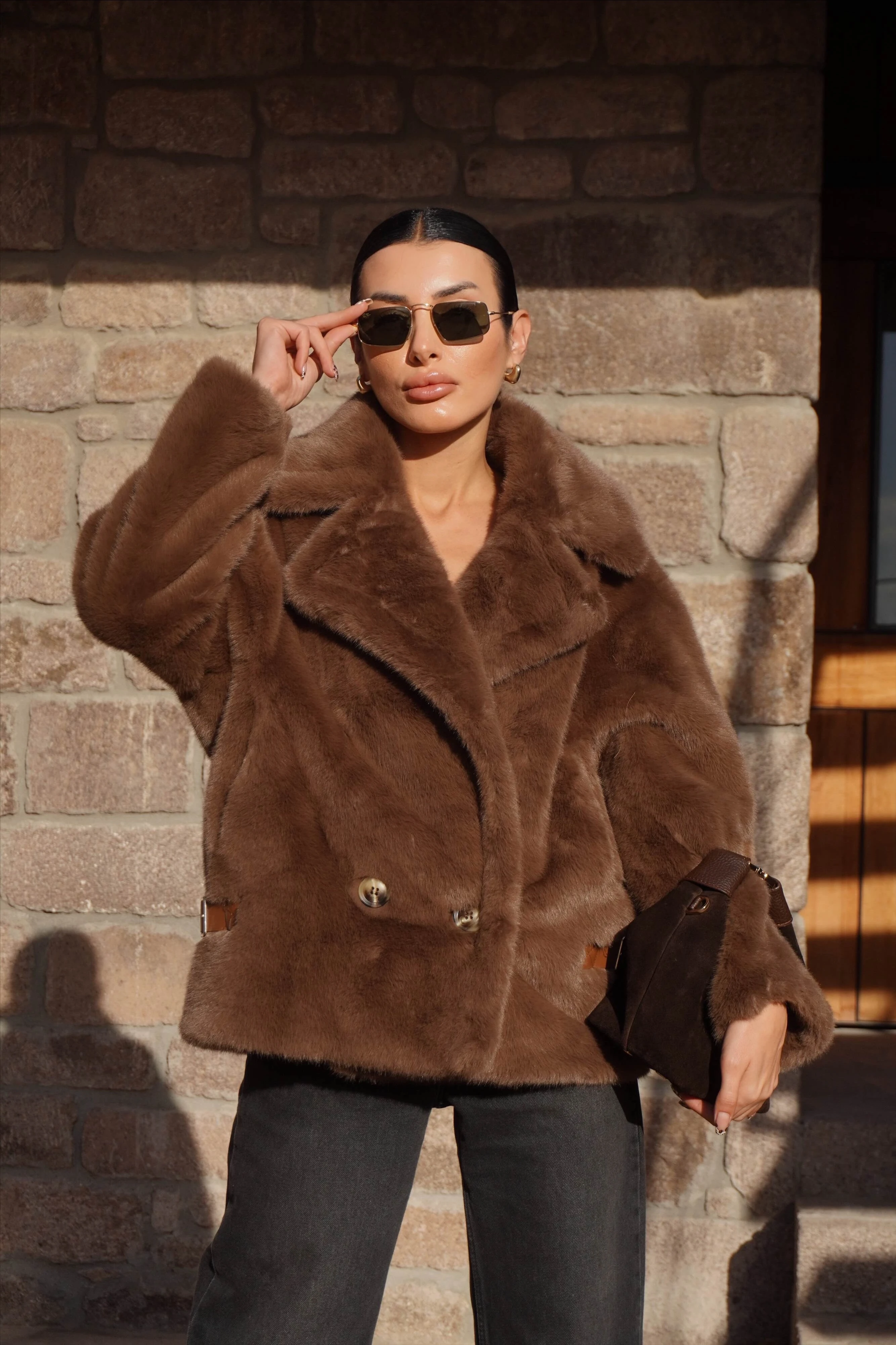 İthal Premium Kahverengi Peluş Ceket Kürk