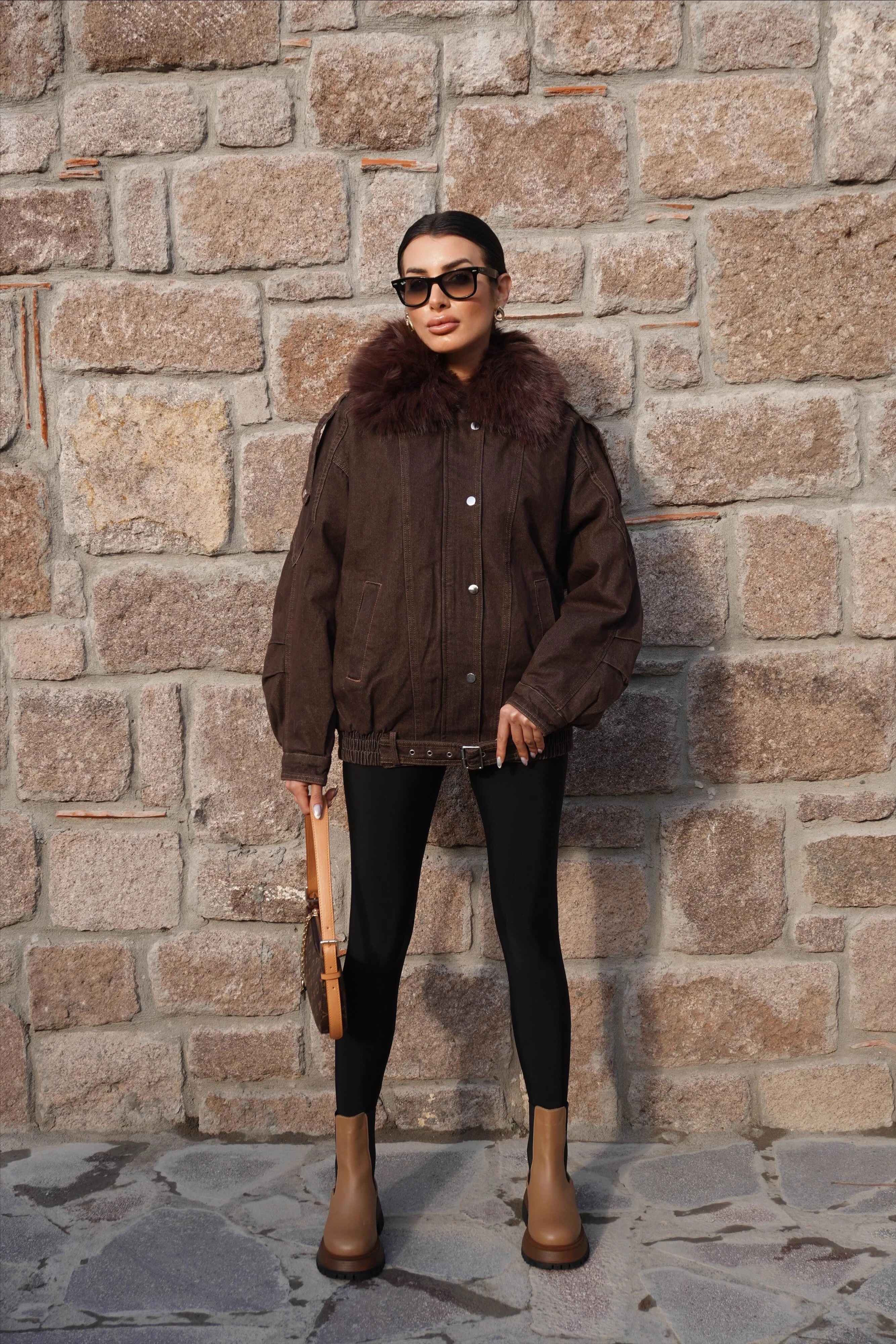 Kürk Yaka İç Kürklü Kahve Mont