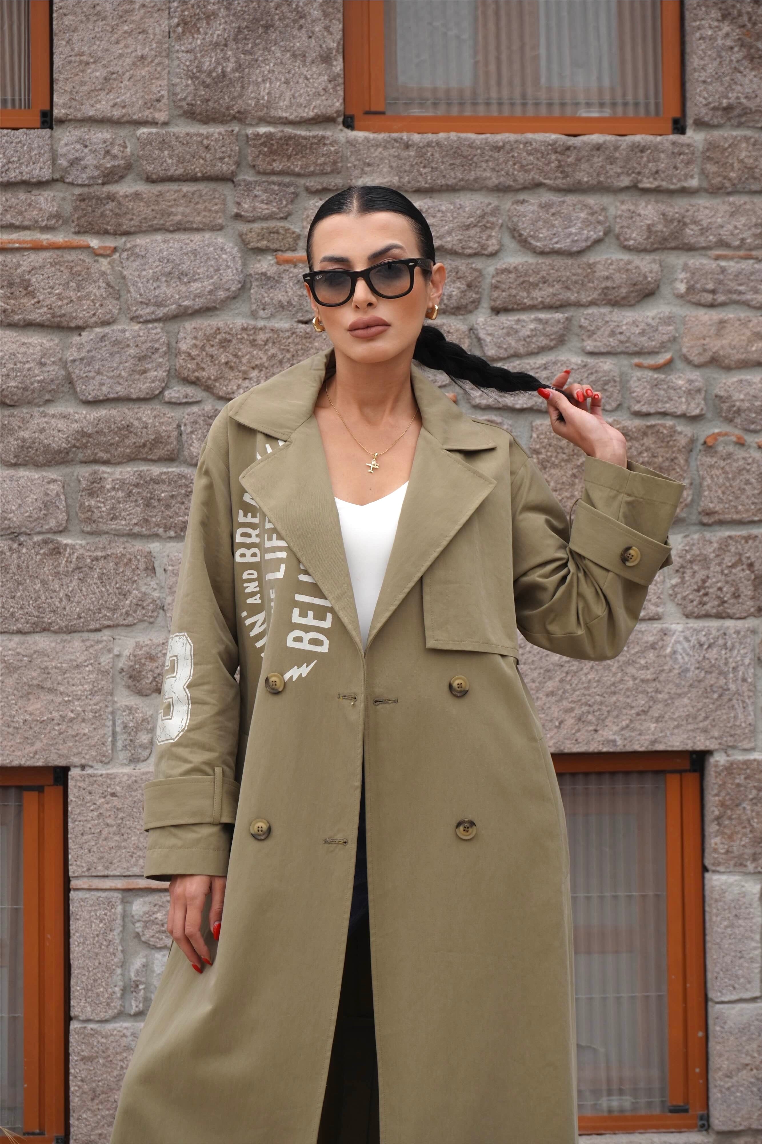 Yazı Baskılı Premium Haki Trençkot