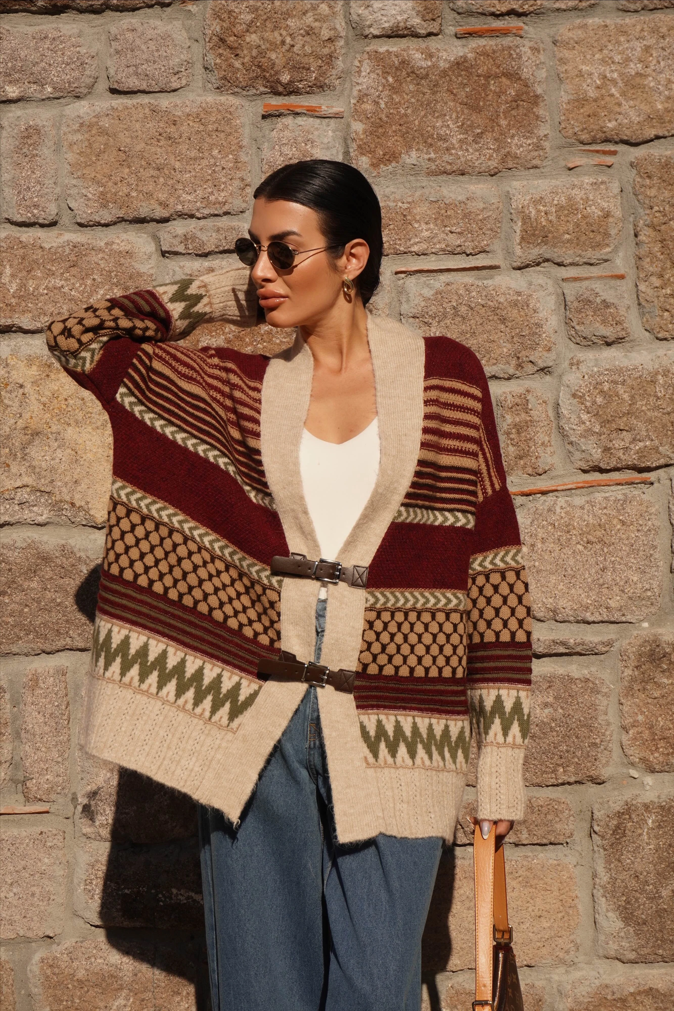 Kemer Detaylı Oversiz Taş-Bordo Hırka