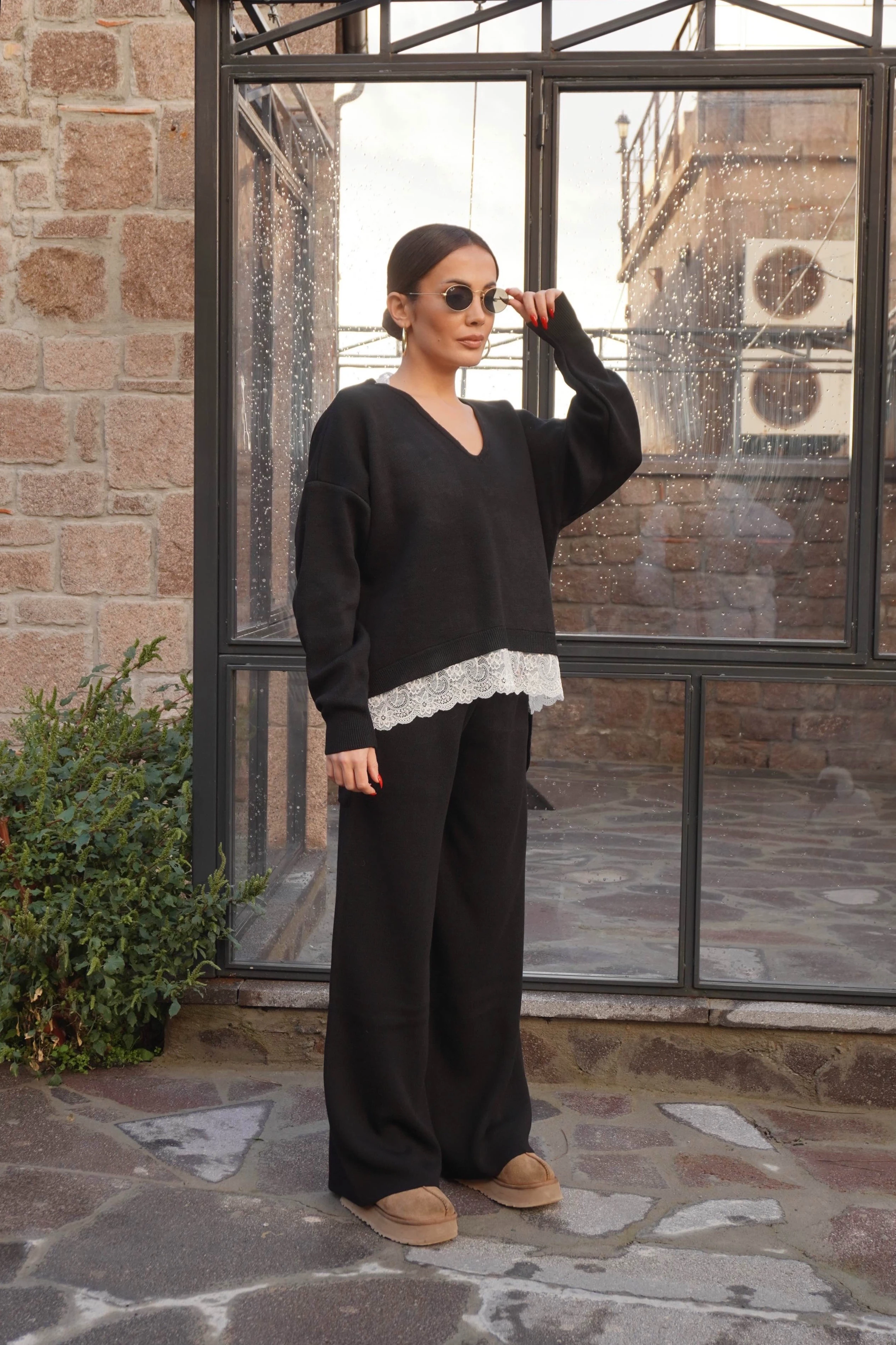 Dantel Detaylı Triko Kazak Pantolon