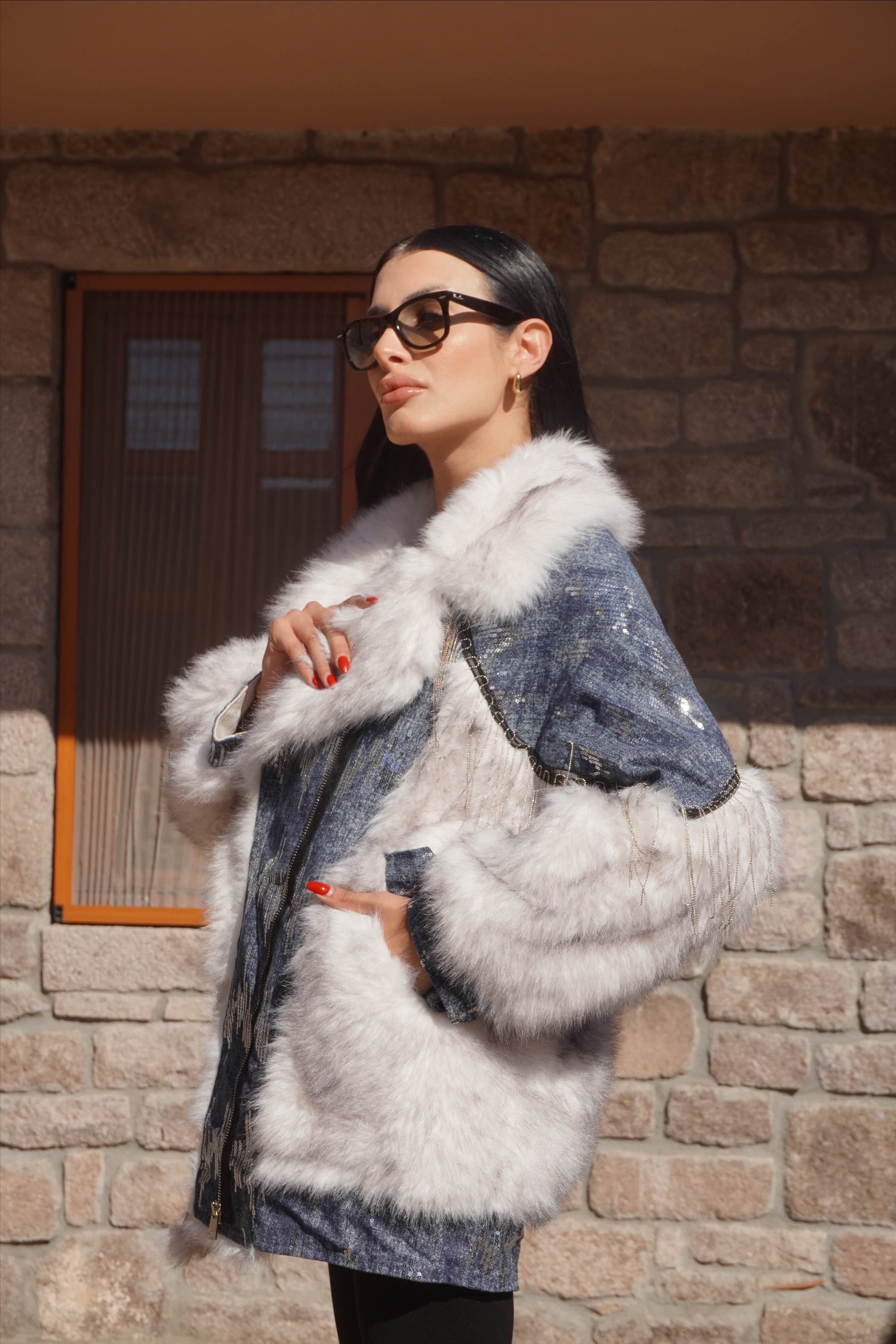 İthal Tasarım Premium Denim Detaylı Pul Dikişli Kürk Mont