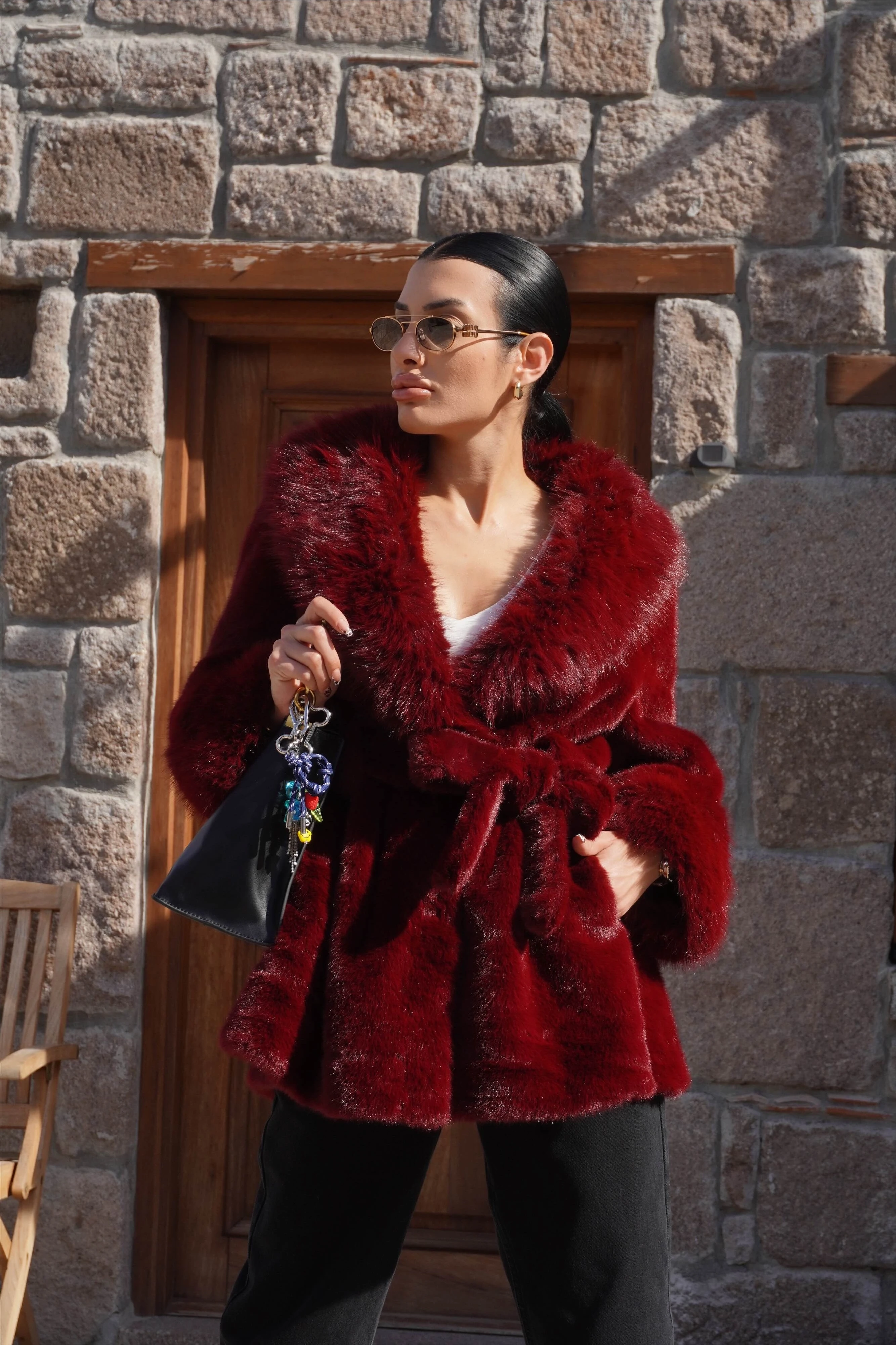 İthal Premium Kürk Yaka Bordo Peluş Kaban 