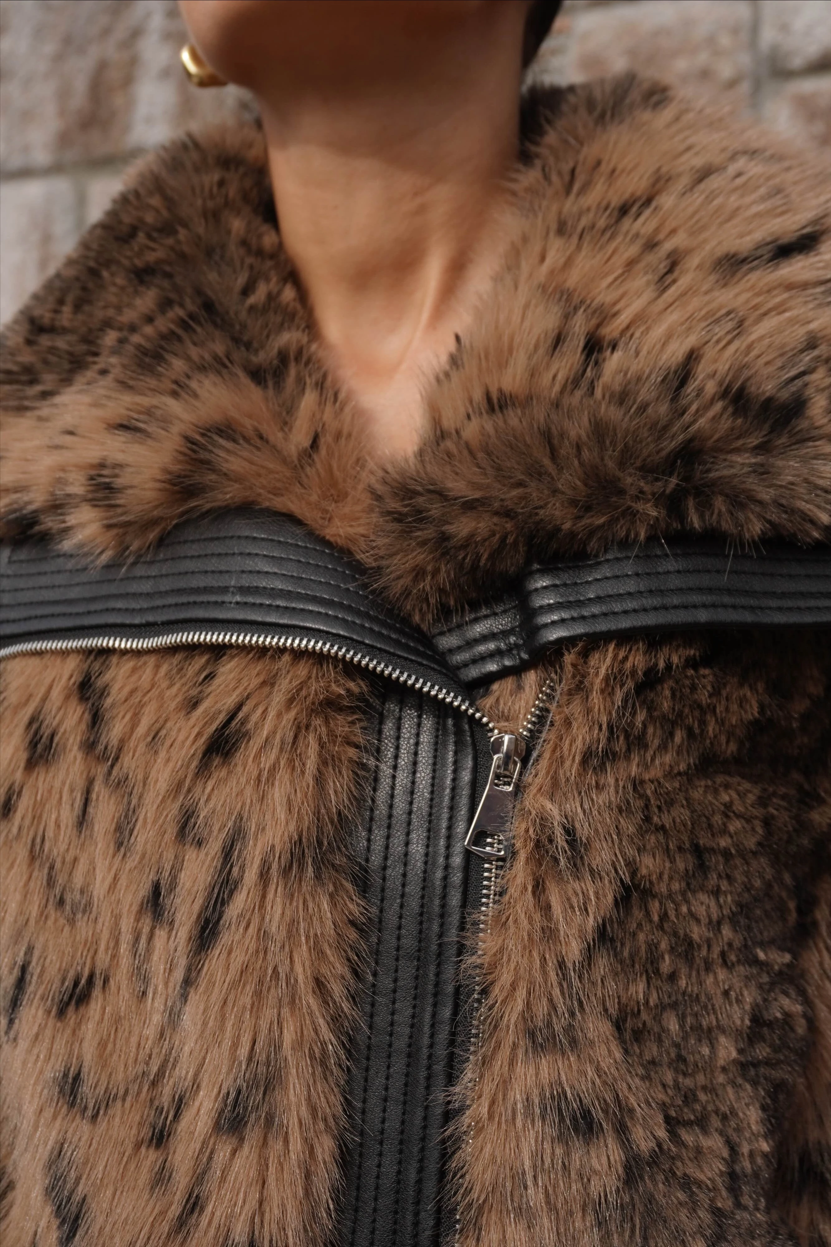 İthal Premium Deri Garnili Leopar Desen Bomber Kürk 