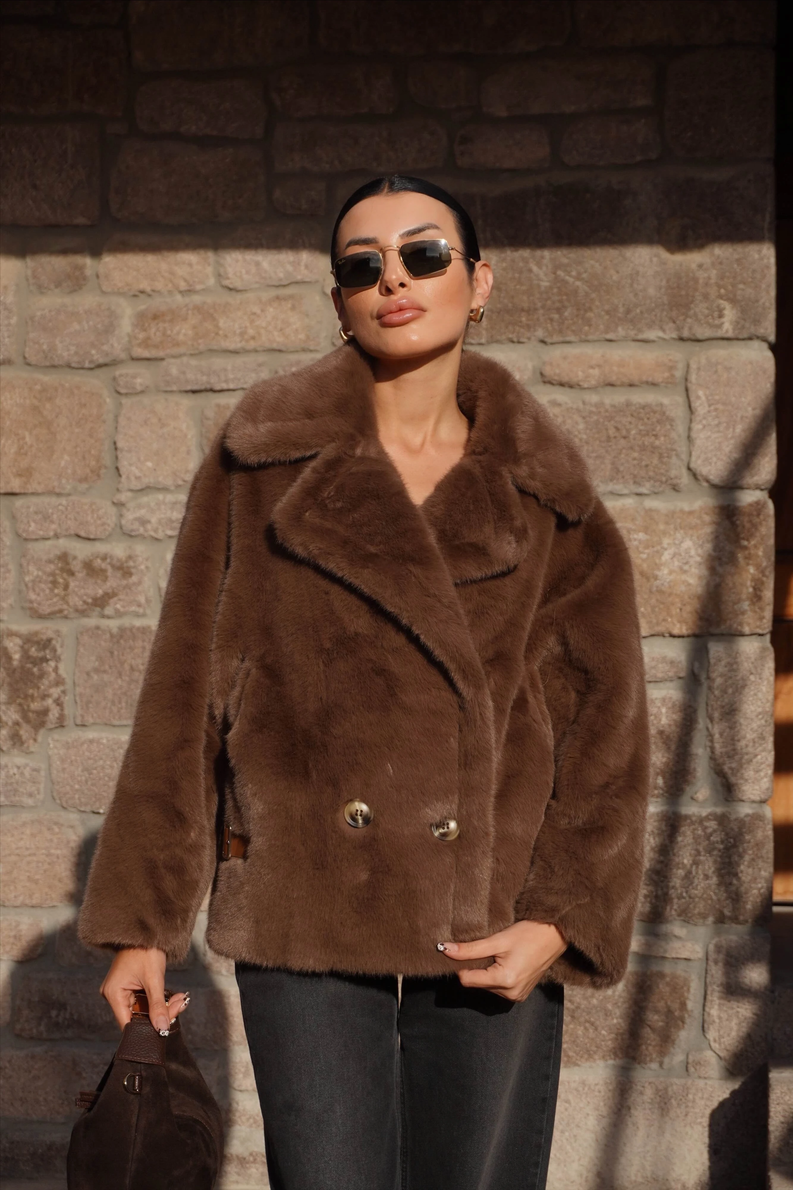 İthal Premium Kahverengi Peluş Ceket Kürk