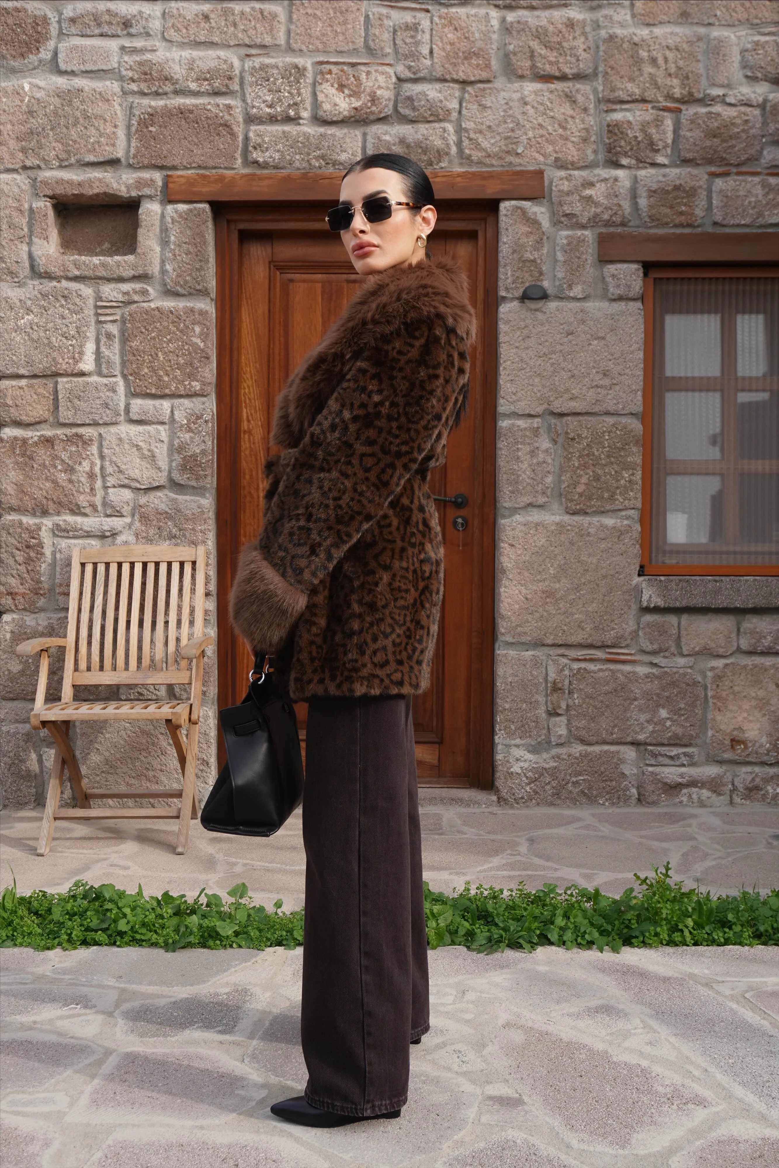 İthal Premium Kürk Yaka Leopar Desenli Peluş Kaban