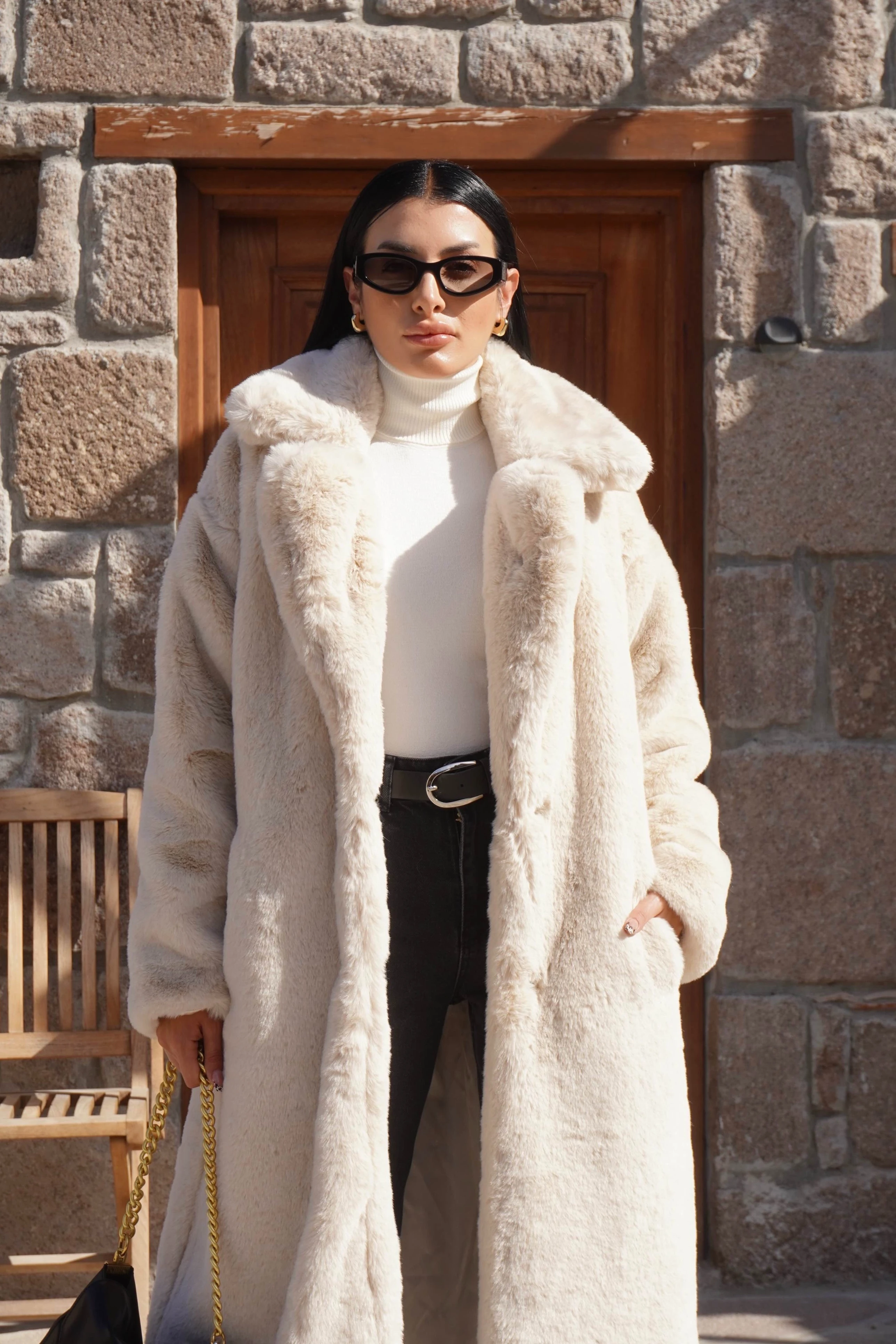 Premium Bej Peluş Tam Boy Kürk Kaban