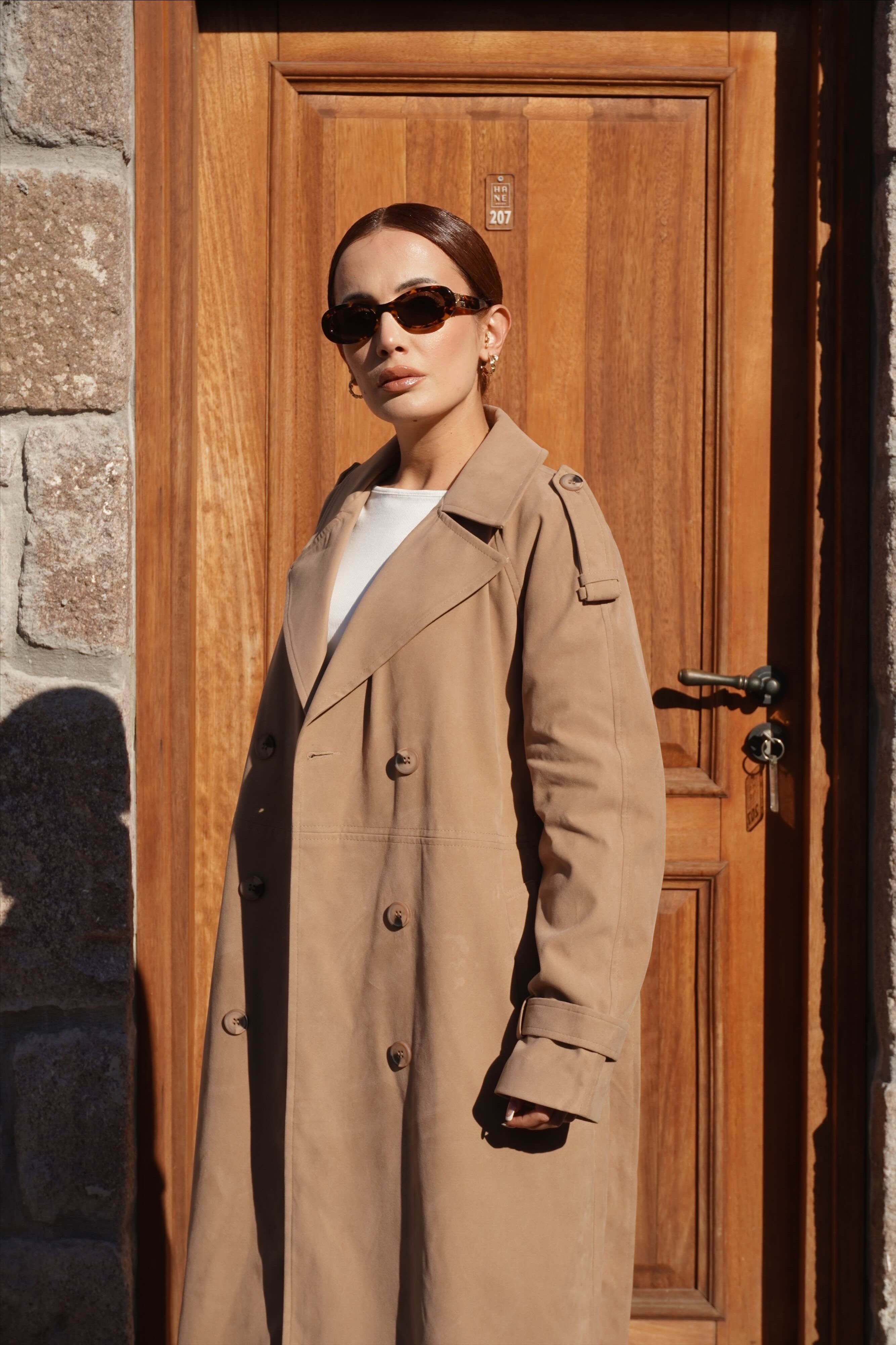 Premium Süet Dokulu Camel Trençkot 