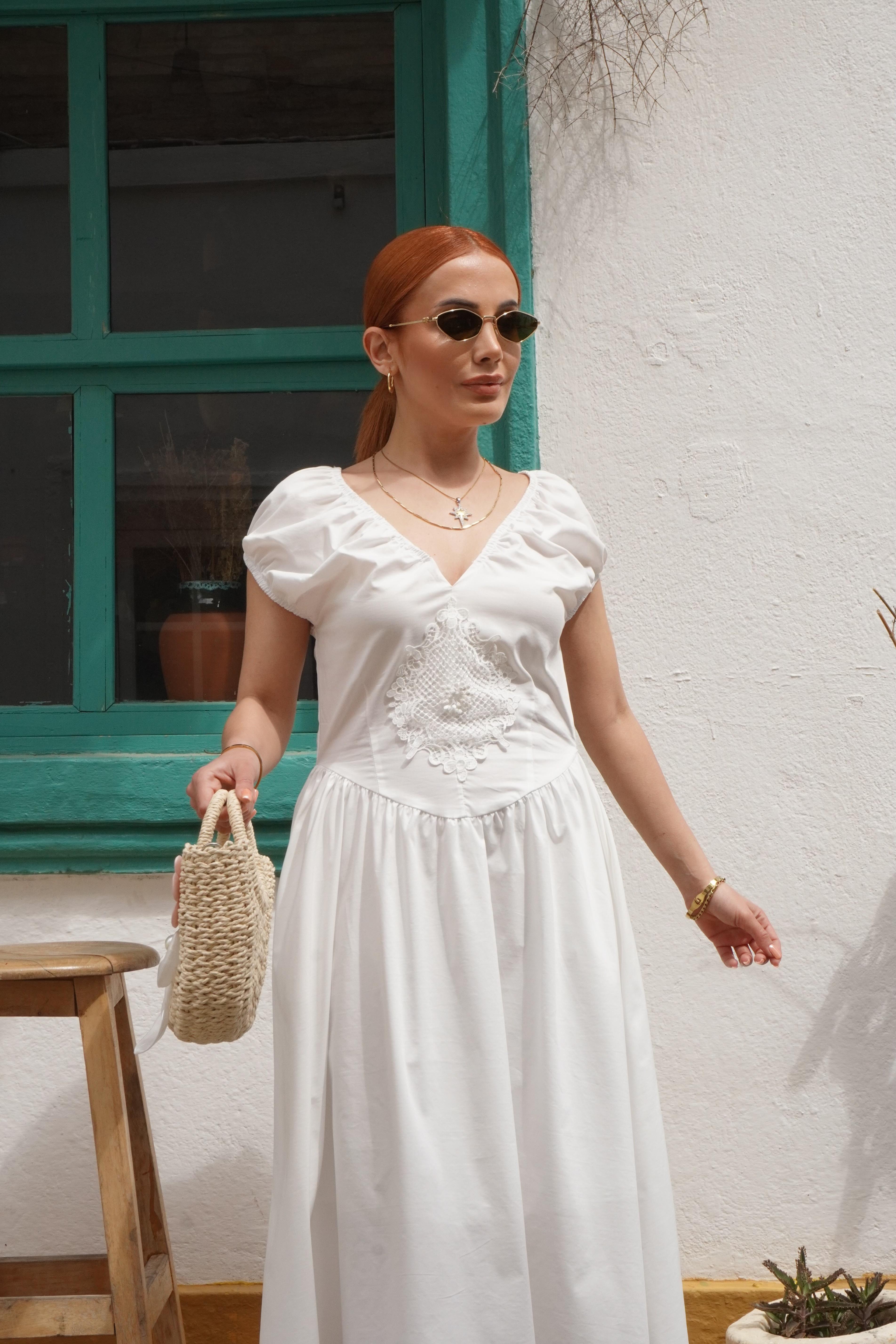 Vintage Dokunuşlu Astarlı Cepli Beyaz Elbise